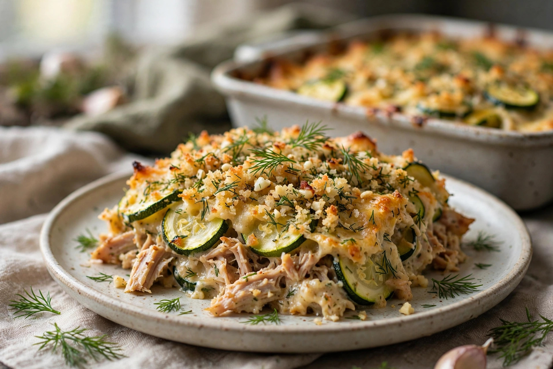 Baked zucchini and turkey casserole slice topped with garlic-dill sour cream