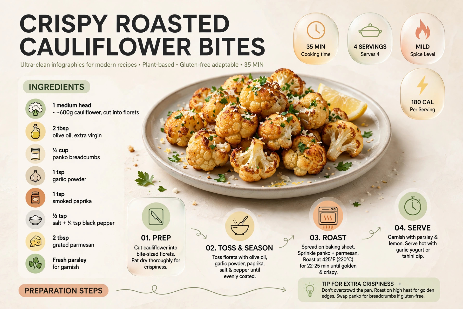 Recipe infographic: Crispy Roasted Cauliflower Bites — ingredients and step-by-step visual guide