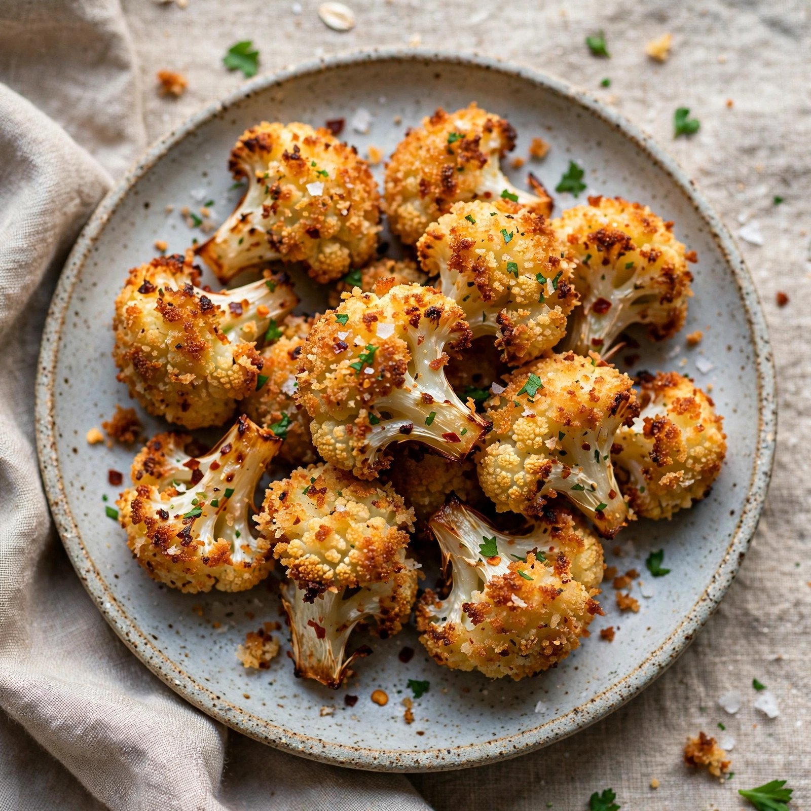 Golden crispy roasted cauliflower bites with a breadcrumb coating on a baking tray