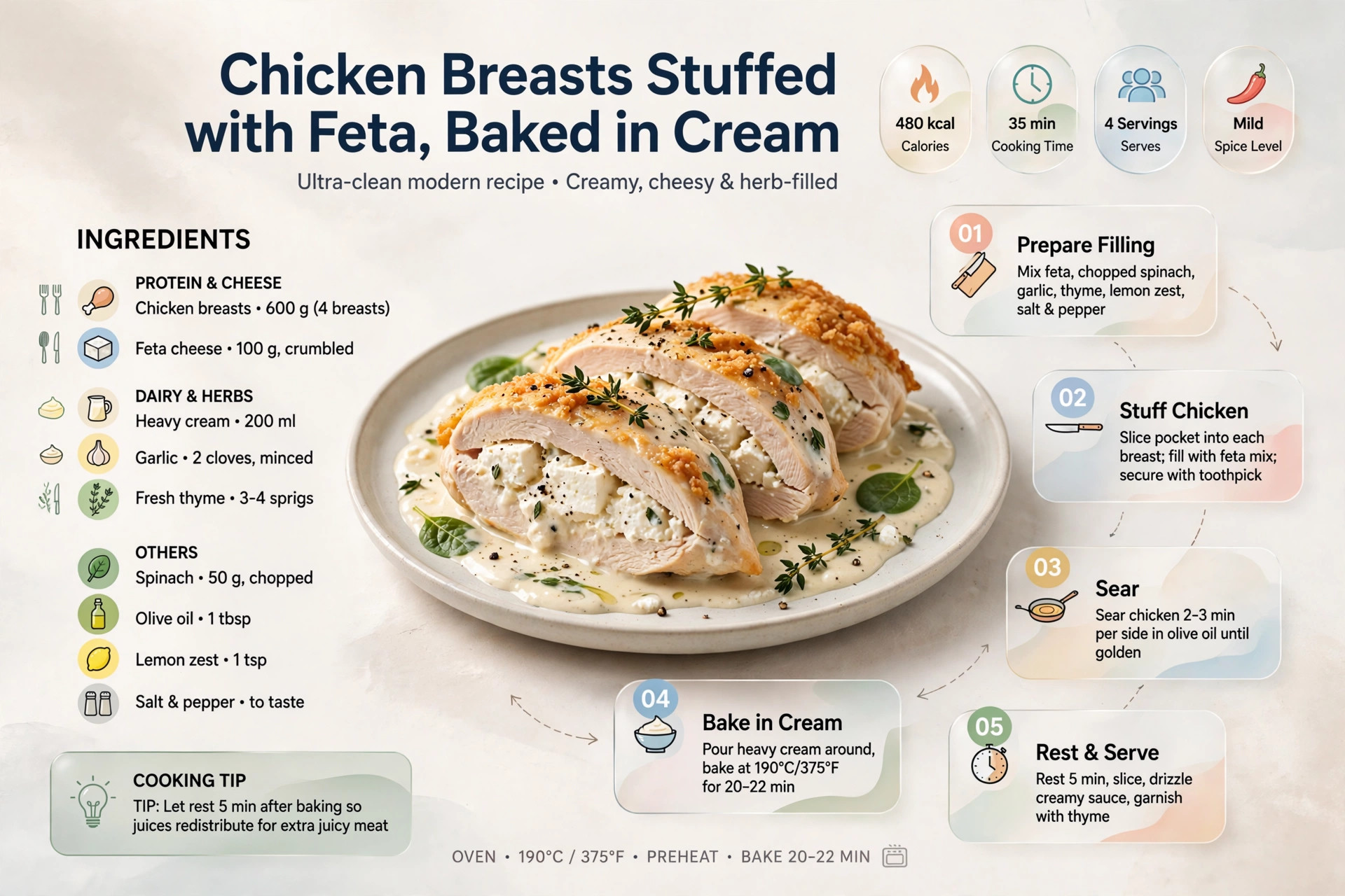 Recipe infographic: Chicken Breasts Stuffed with Feta, Baked in Cream — ingredients and step-by-step visual guide