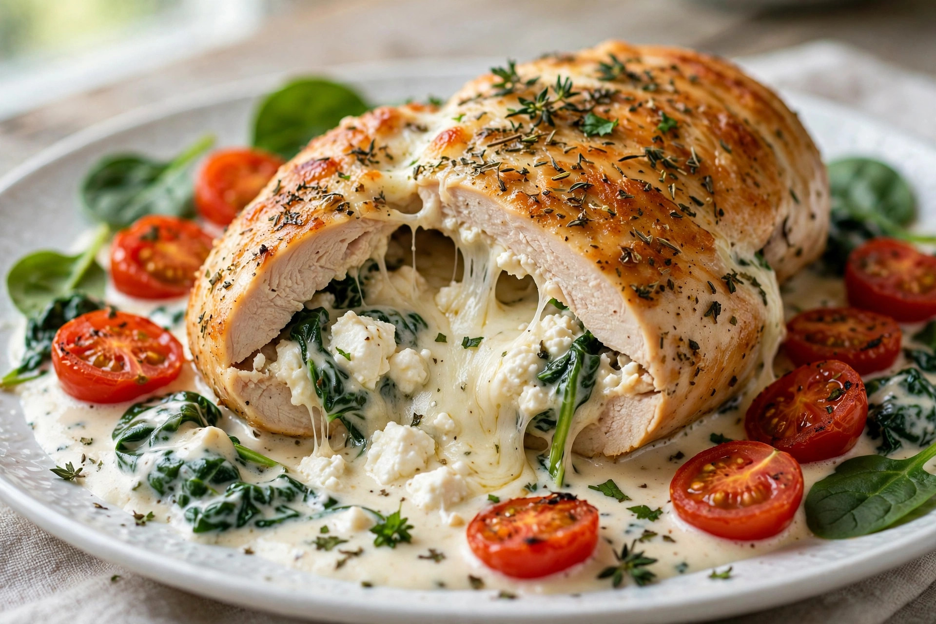 Chicken breasts stuffed with feta baked in cream sauce with cherry tomatoes and melted mozzarella