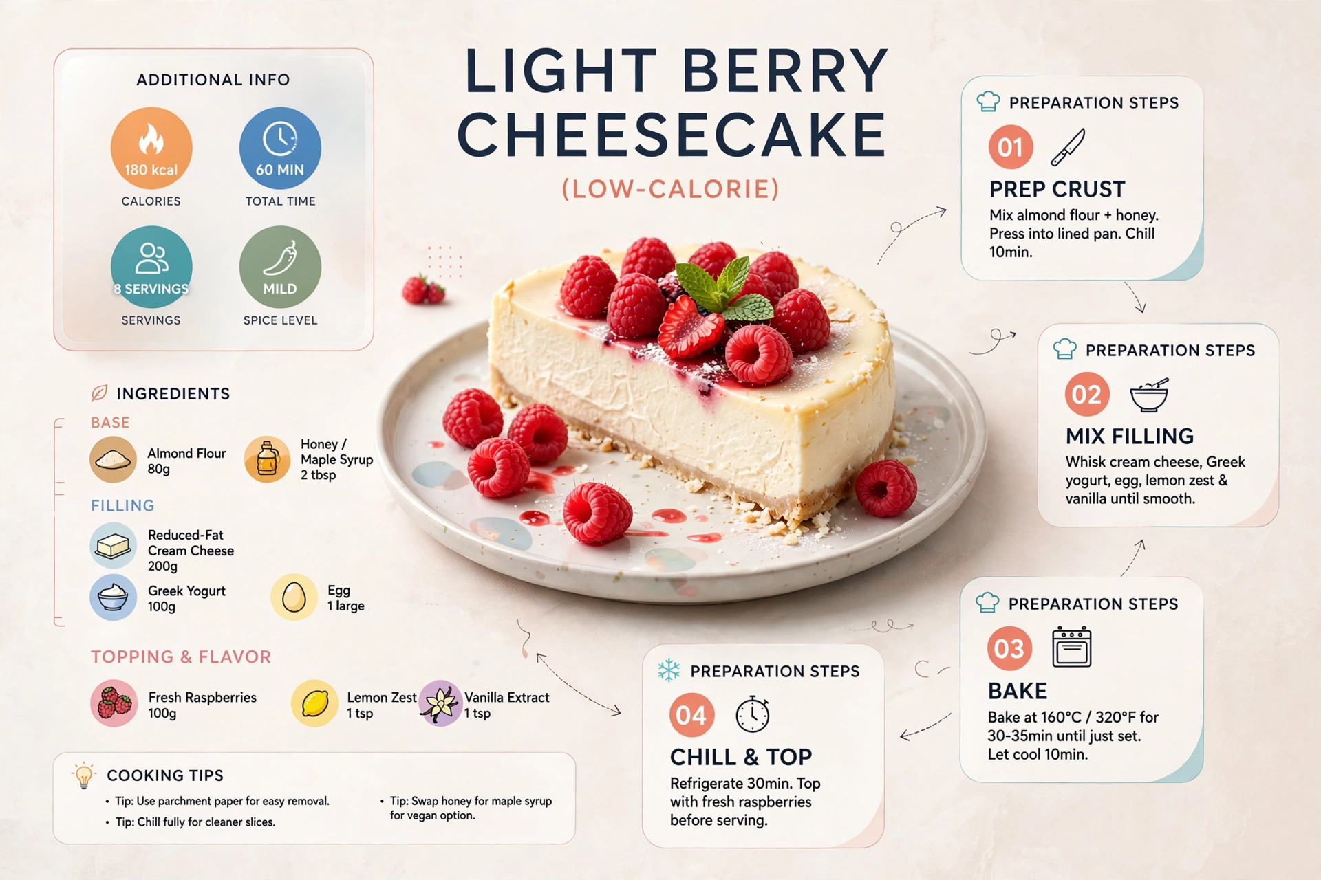 Recipe infographic: Light Berry Cheesecake (Low-Calorie) — ingredients and step-by-step visual guide