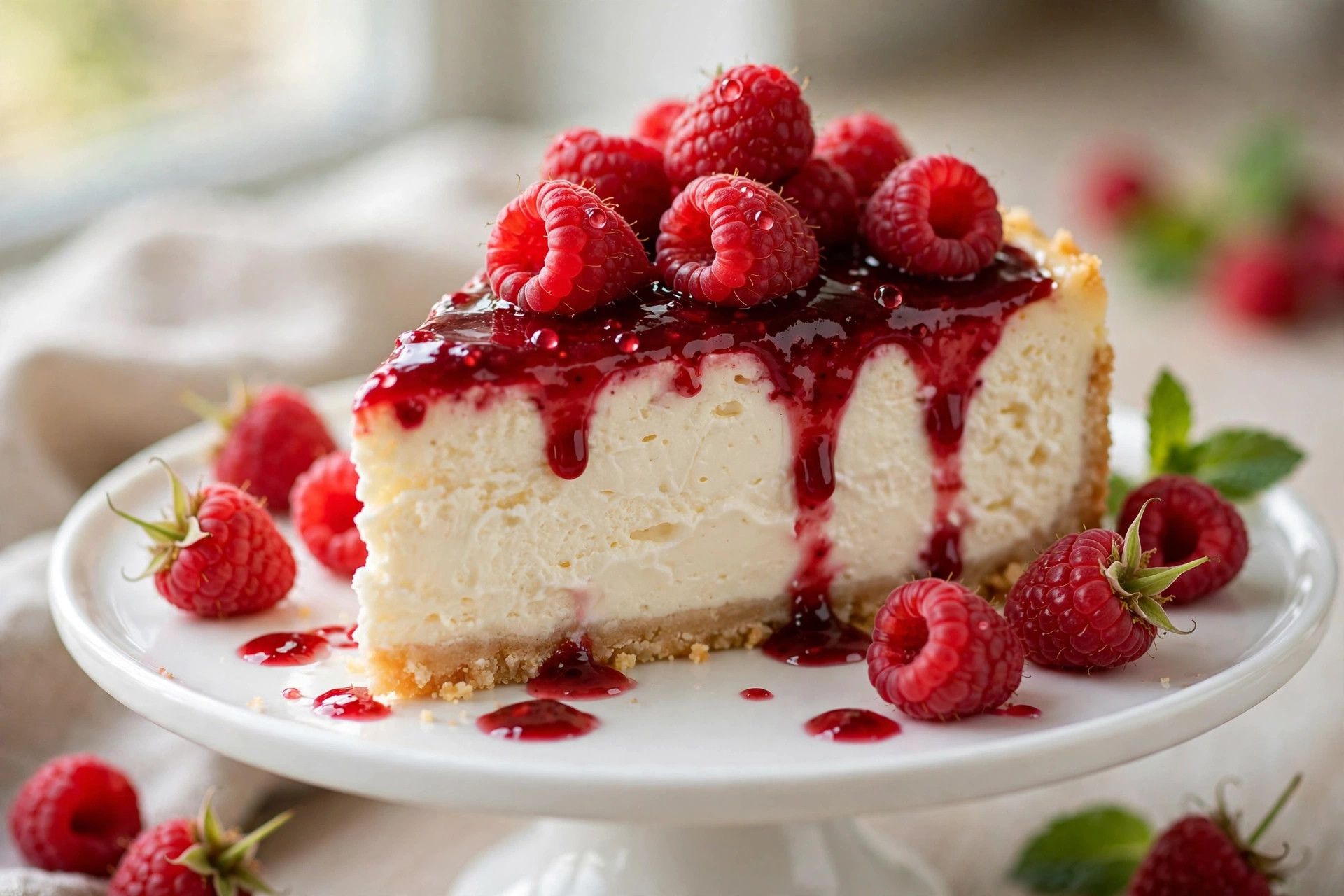 Slice of light berry cheesecake topped with glossy raspberry sauce