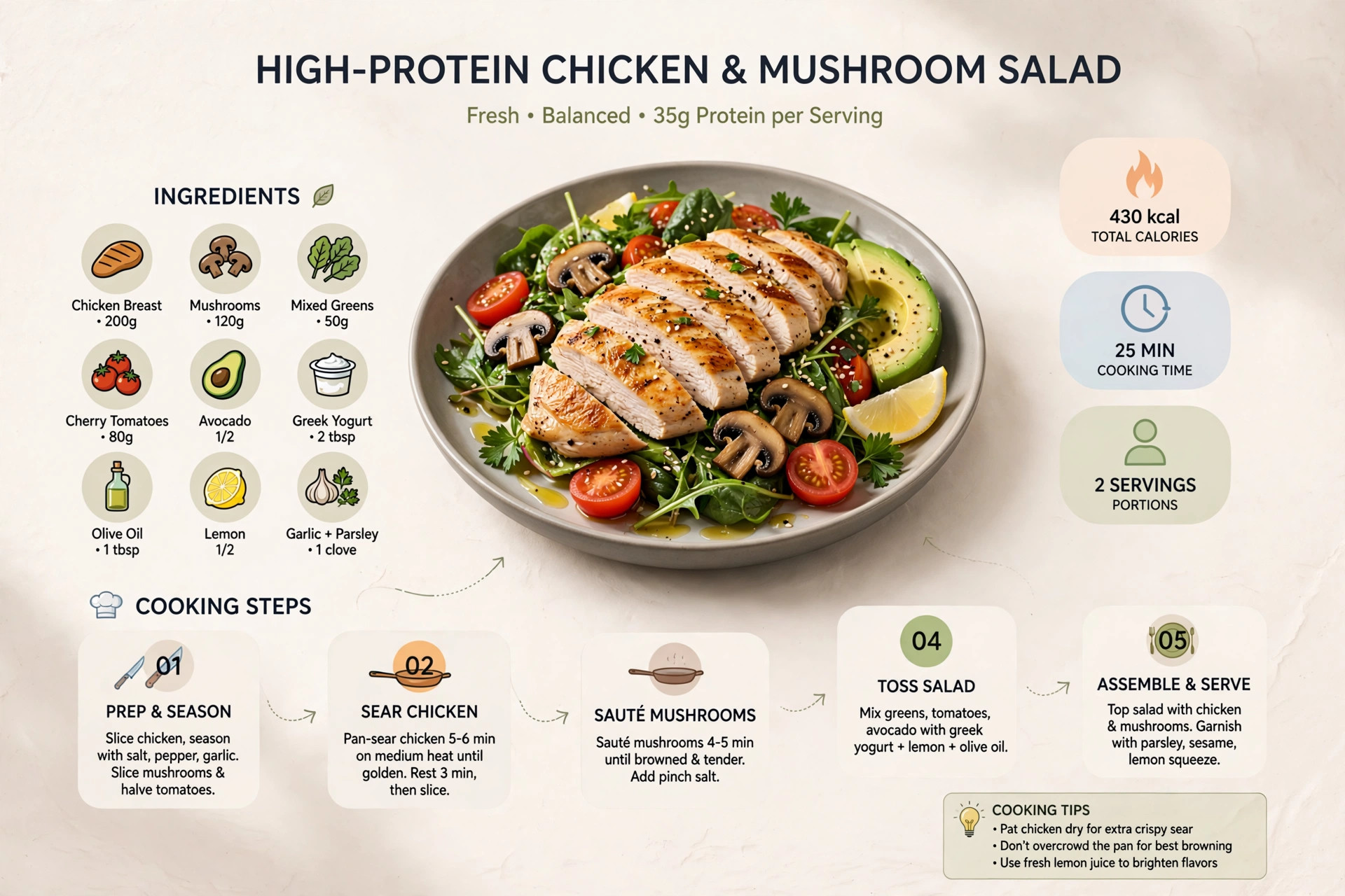 Recipe infographic: High-Protein Chicken and Mushroom Salad — ingredients and step-by-step visual guide