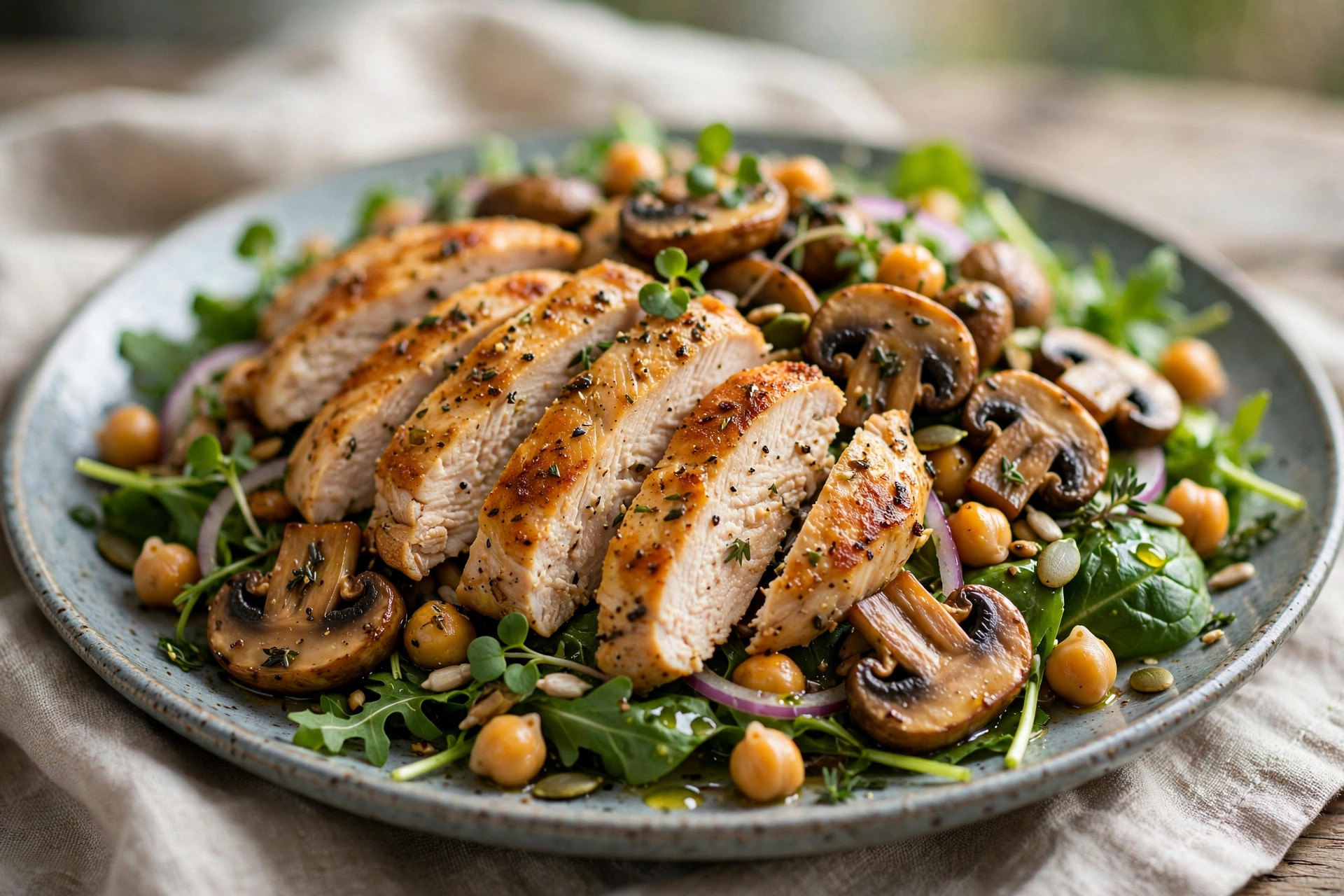 Close-up of high-protein chicken and mushroom salad with cucumber, green peas and sour cream dressing