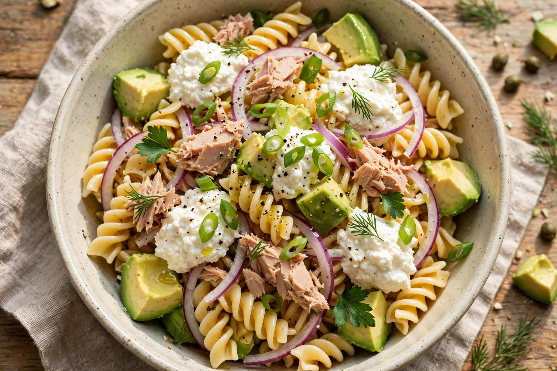 Tuna pasta salad with avocado, ricotta, and green onions served in a bowl