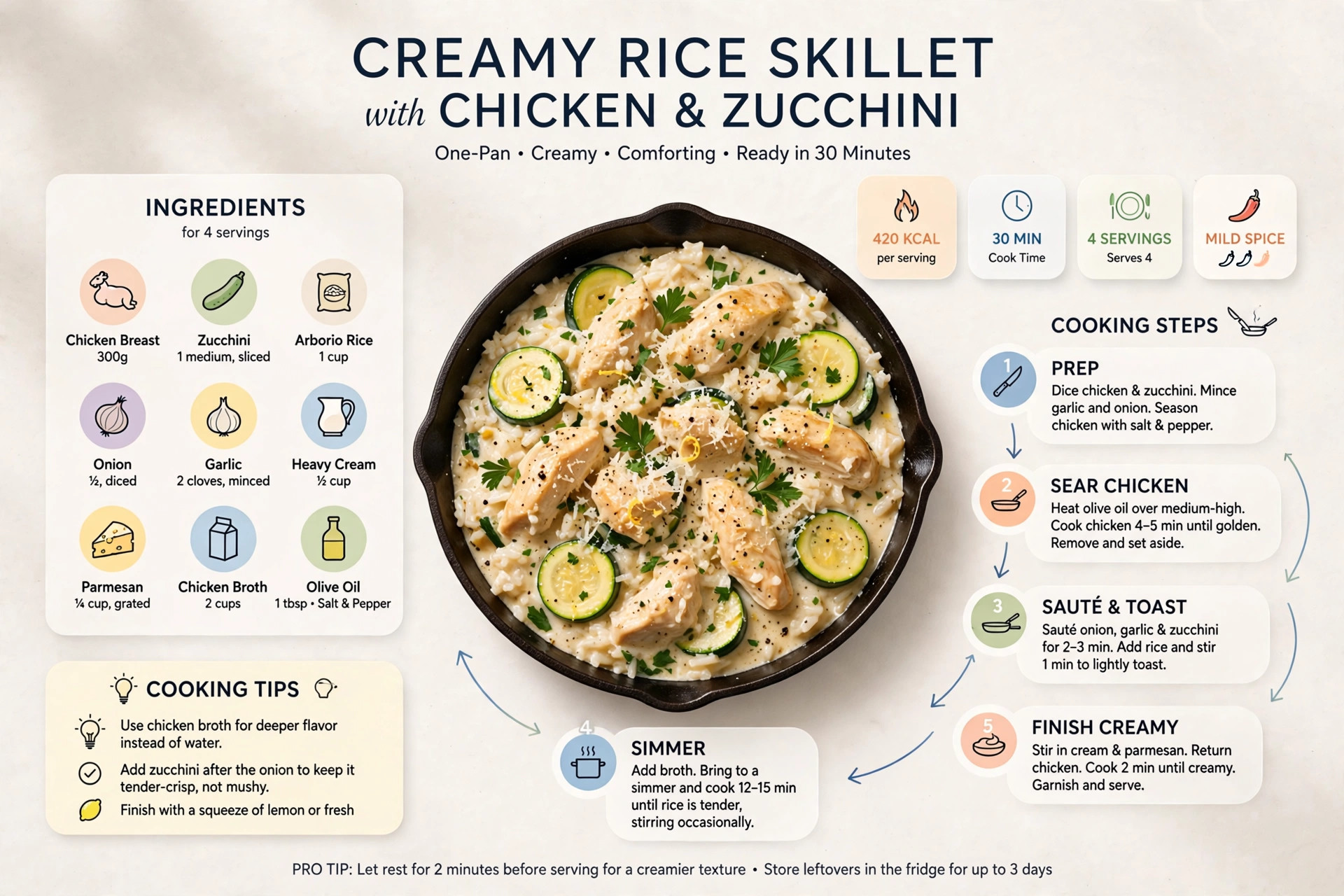 Recipe infographic: Creamy Rice Skillet with Chicken and Zucchini — ingredients and step-by-step visual guide