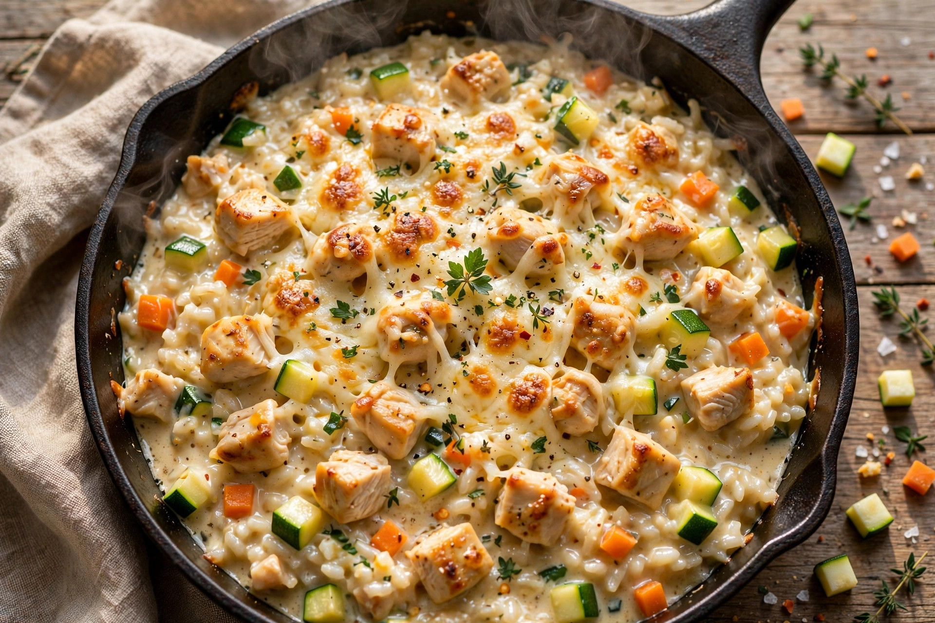 Creamy rice skillet with chicken, zucchini, and melted cheese served in a pan