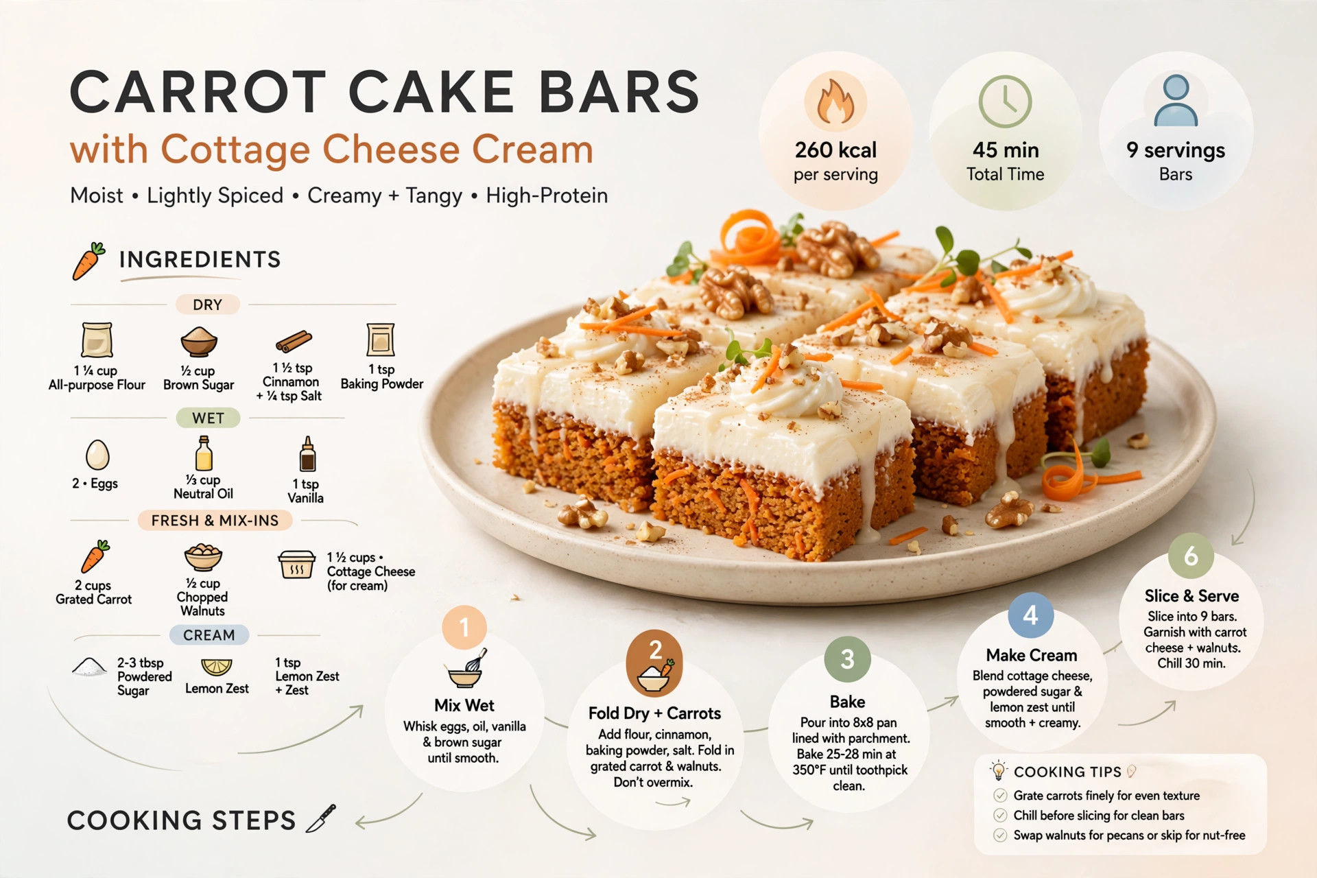 Recipe infographic: Carrot Cake Bars with Cottage Cheese Cream — ingredients and step-by-step visual guide