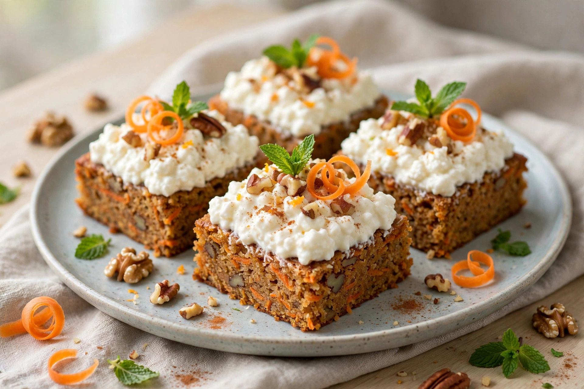 Finished carrot cake bars with cottage cheese cream, plated