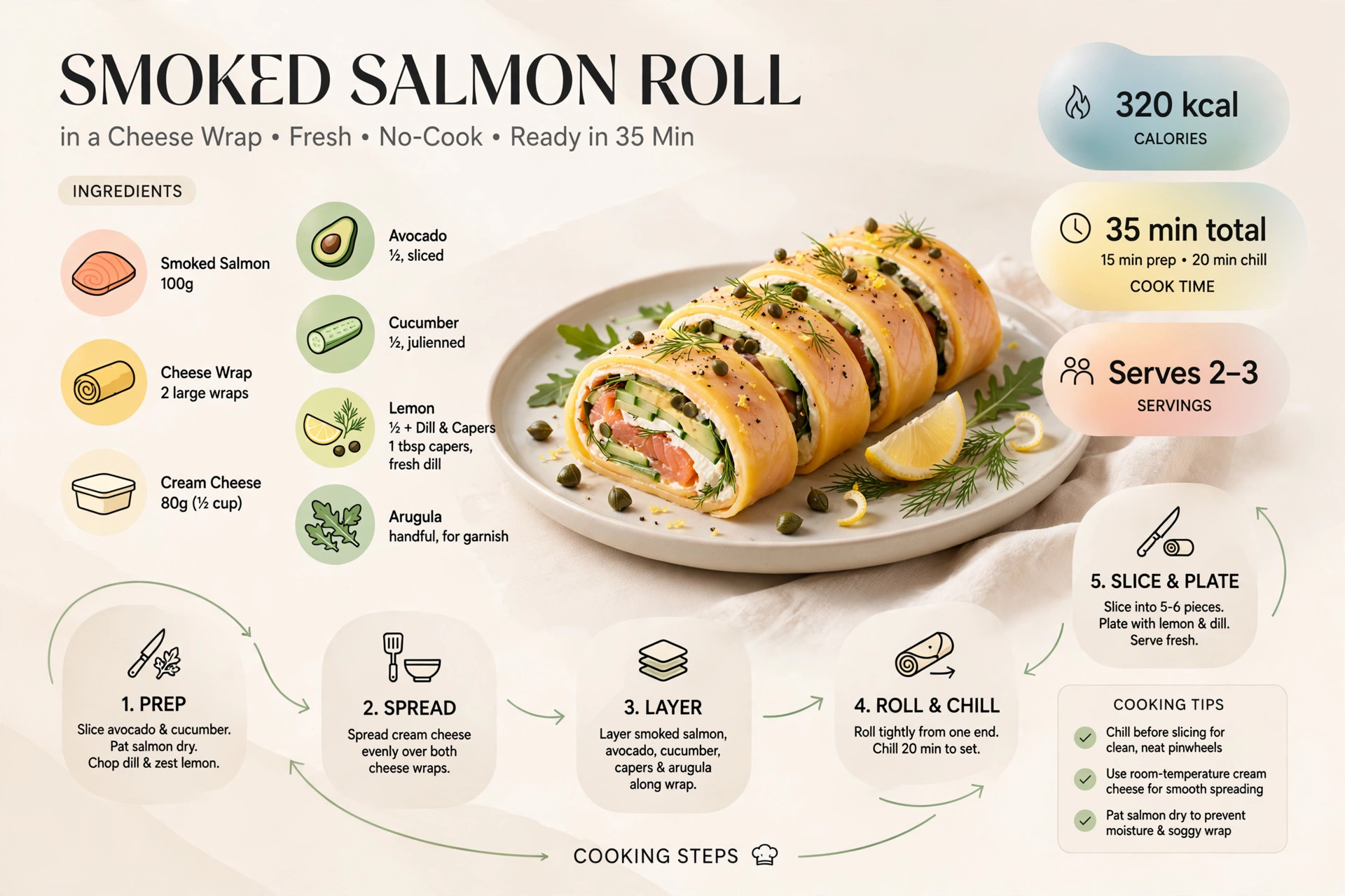 Recipe infographic: Smoked Salmon Roll in a Cheese Wrap — ingredients and step-by-step visual guide