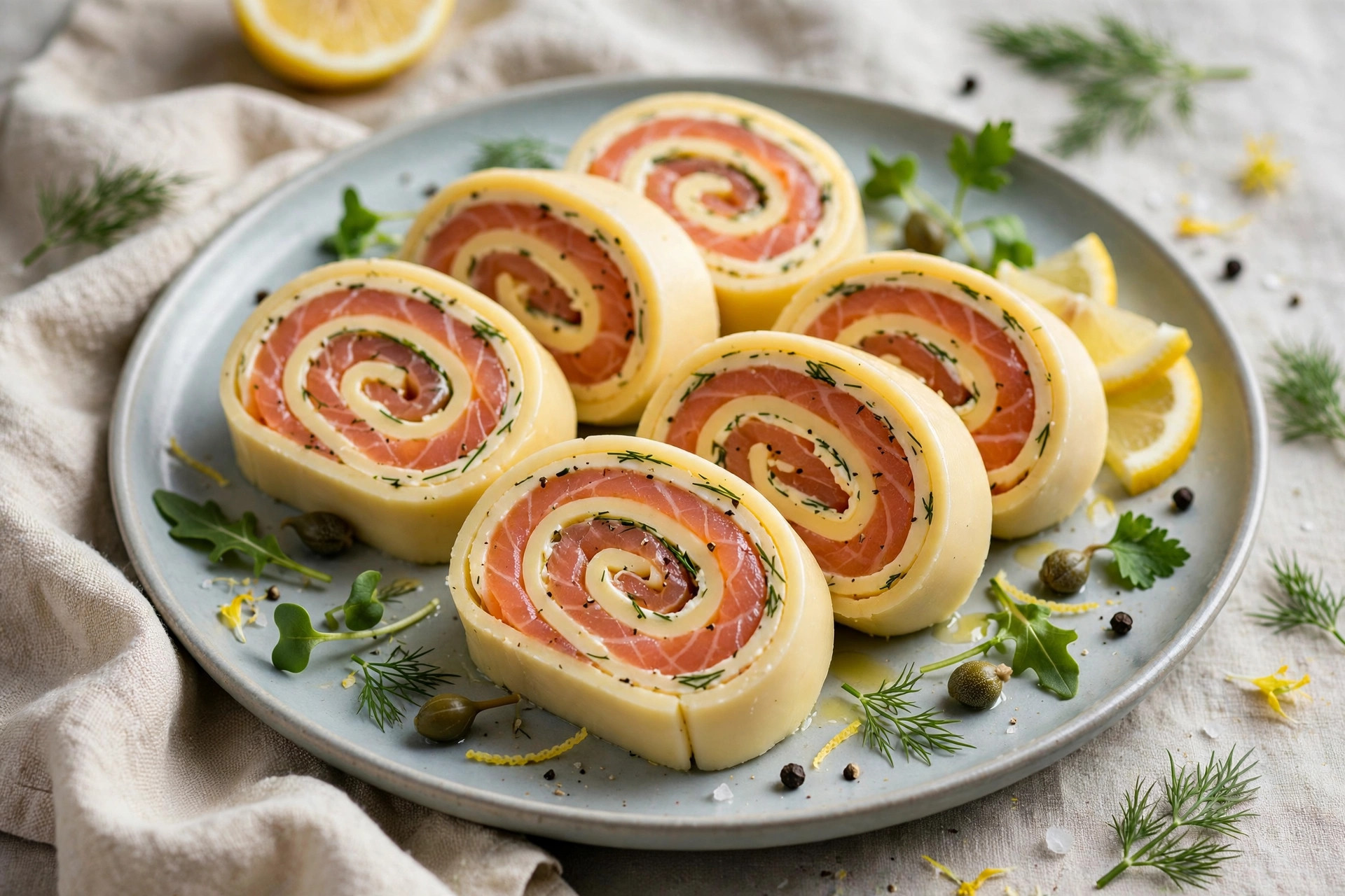 Sliced smoked salmon roll in a cheese wrap, plated