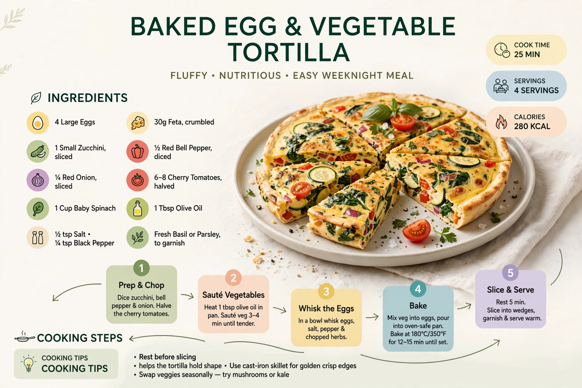 Recipe infographic: Baked Egg and Vegetable Tortilla — ingredients and step-by-step visual guide