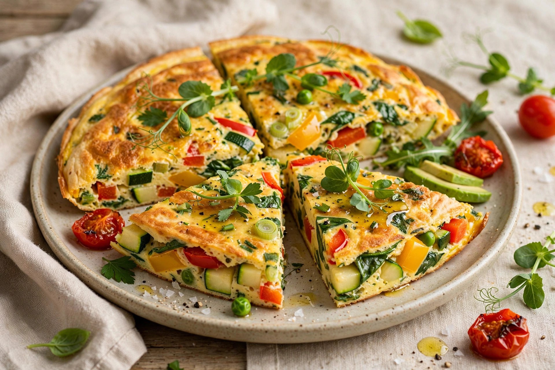 Baked egg and vegetable tortilla, sliced and served