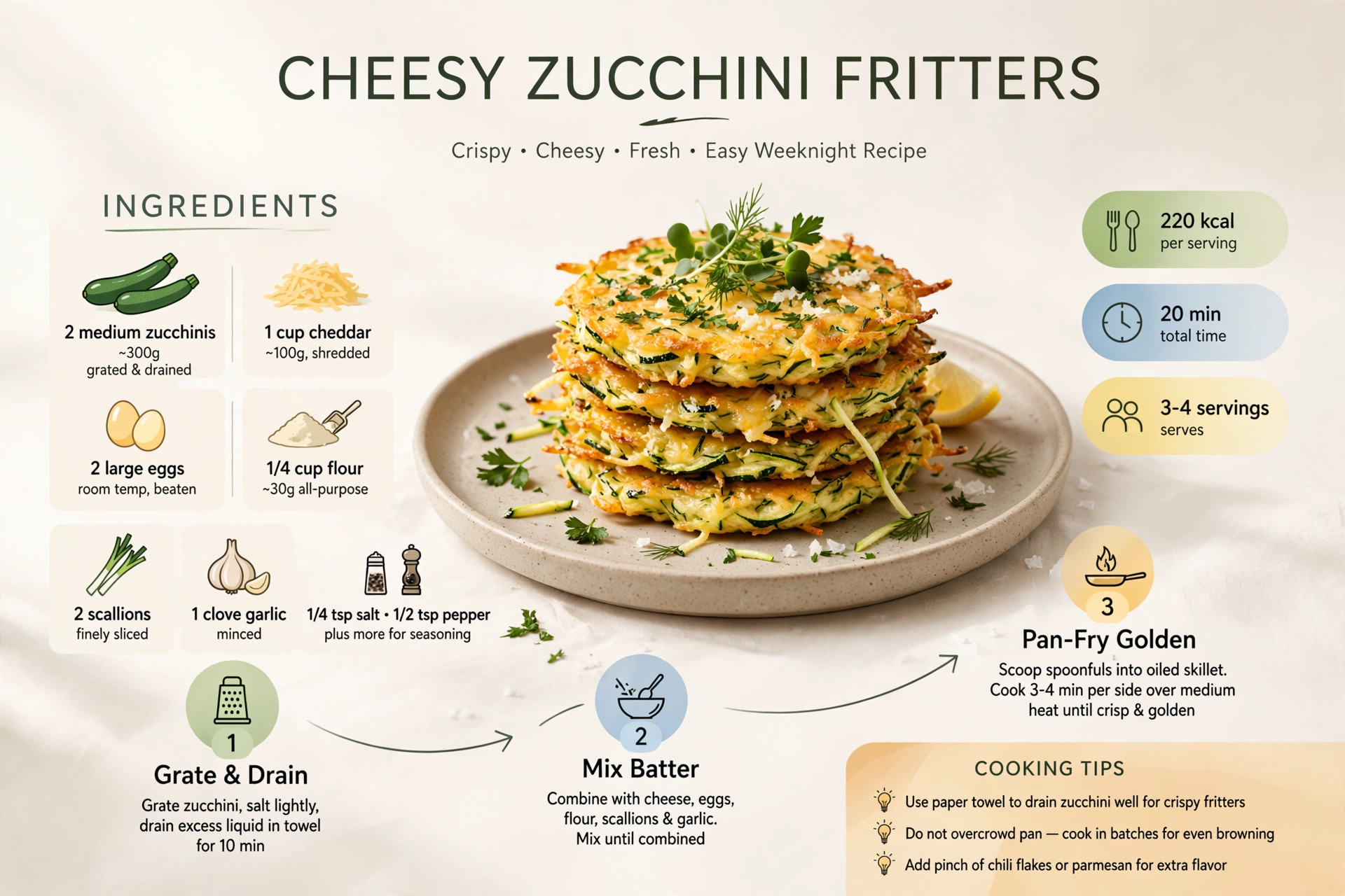 Recipe infographic: Cheesy Zucchini Fritters — ingredients and step-by-step visual guide