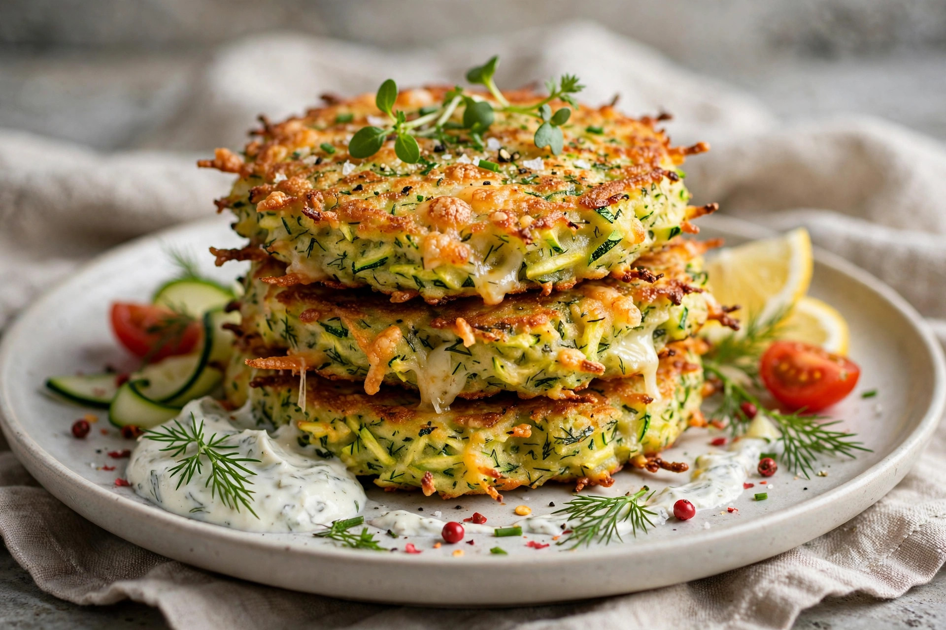 Cheesy zucchini fritters, golden and plated