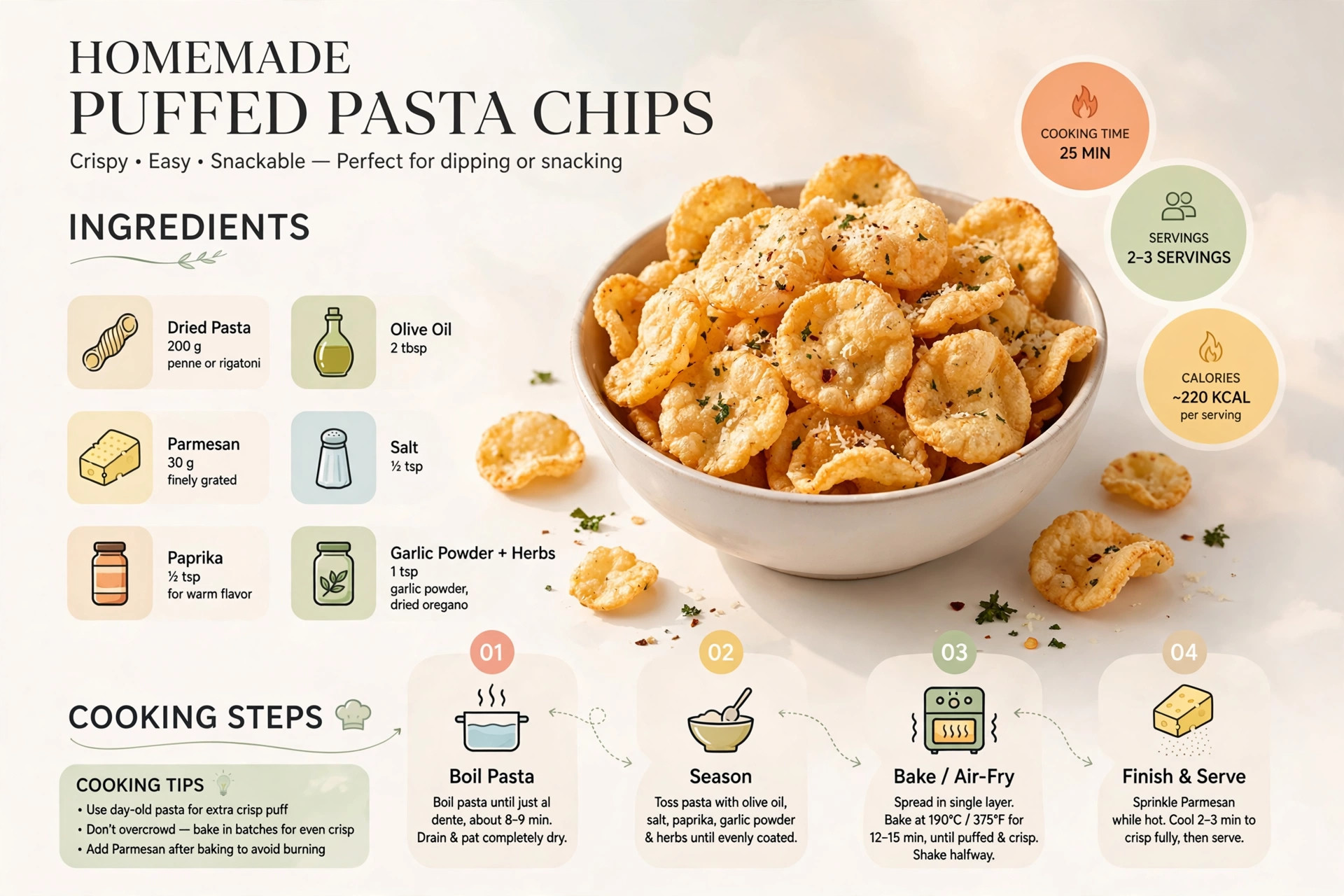 Recipe infographic: Puffed Pasta Chips (Homemade Snack) — ingredients and step-by-step visual guide