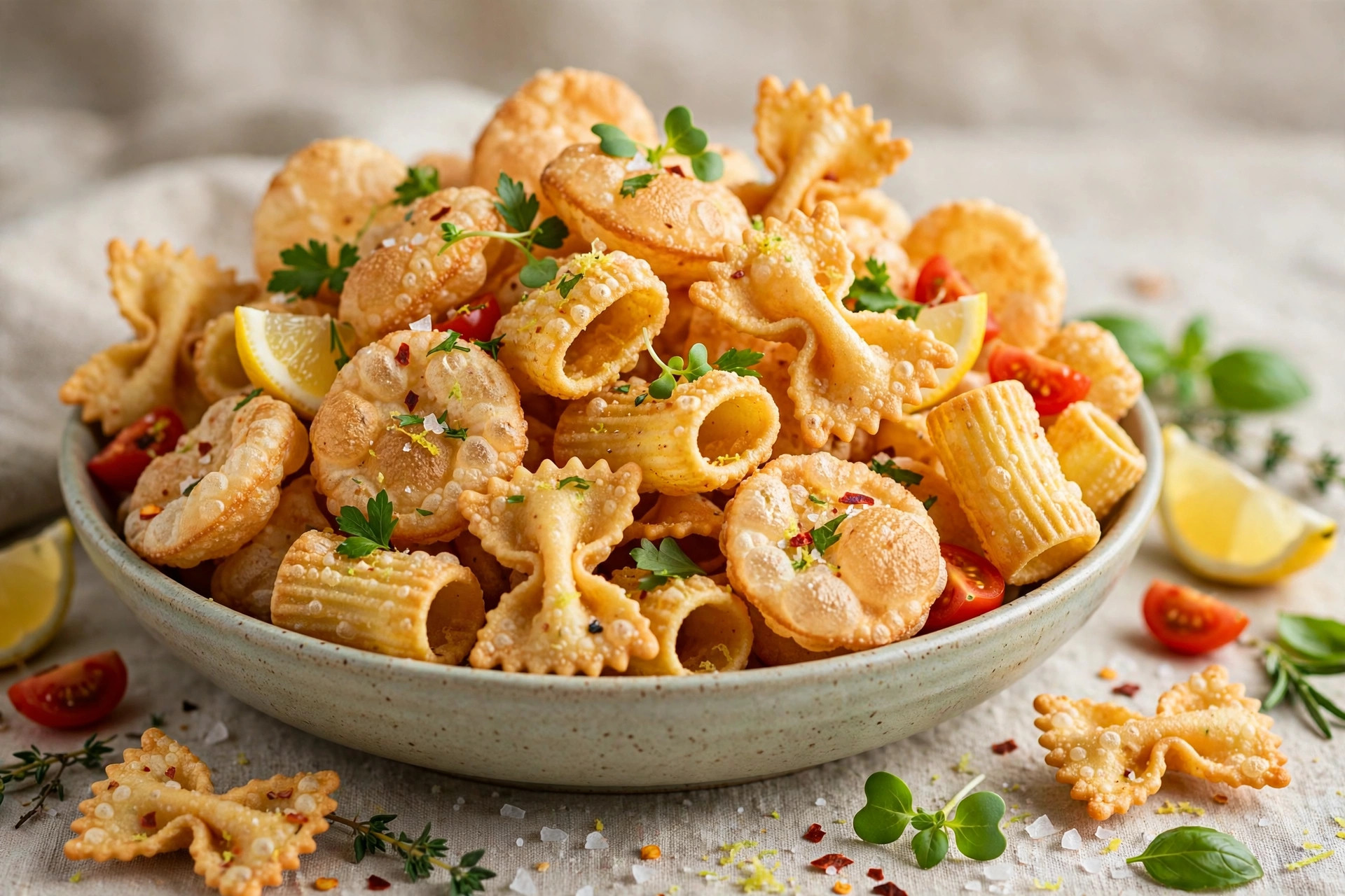 Homemade puffed pasta chips in a bowl