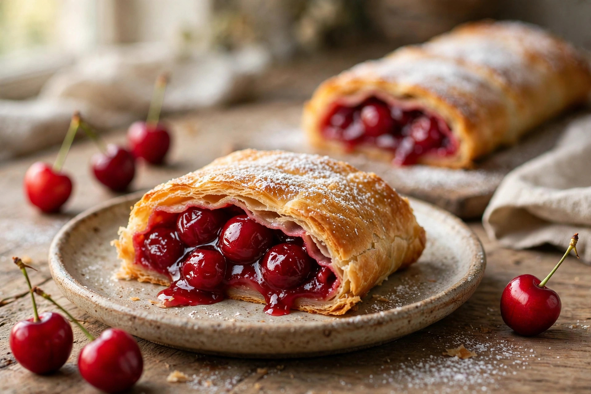 Sliced classic cherry strudel with glossy cherry filling, dusted with powdered sugar