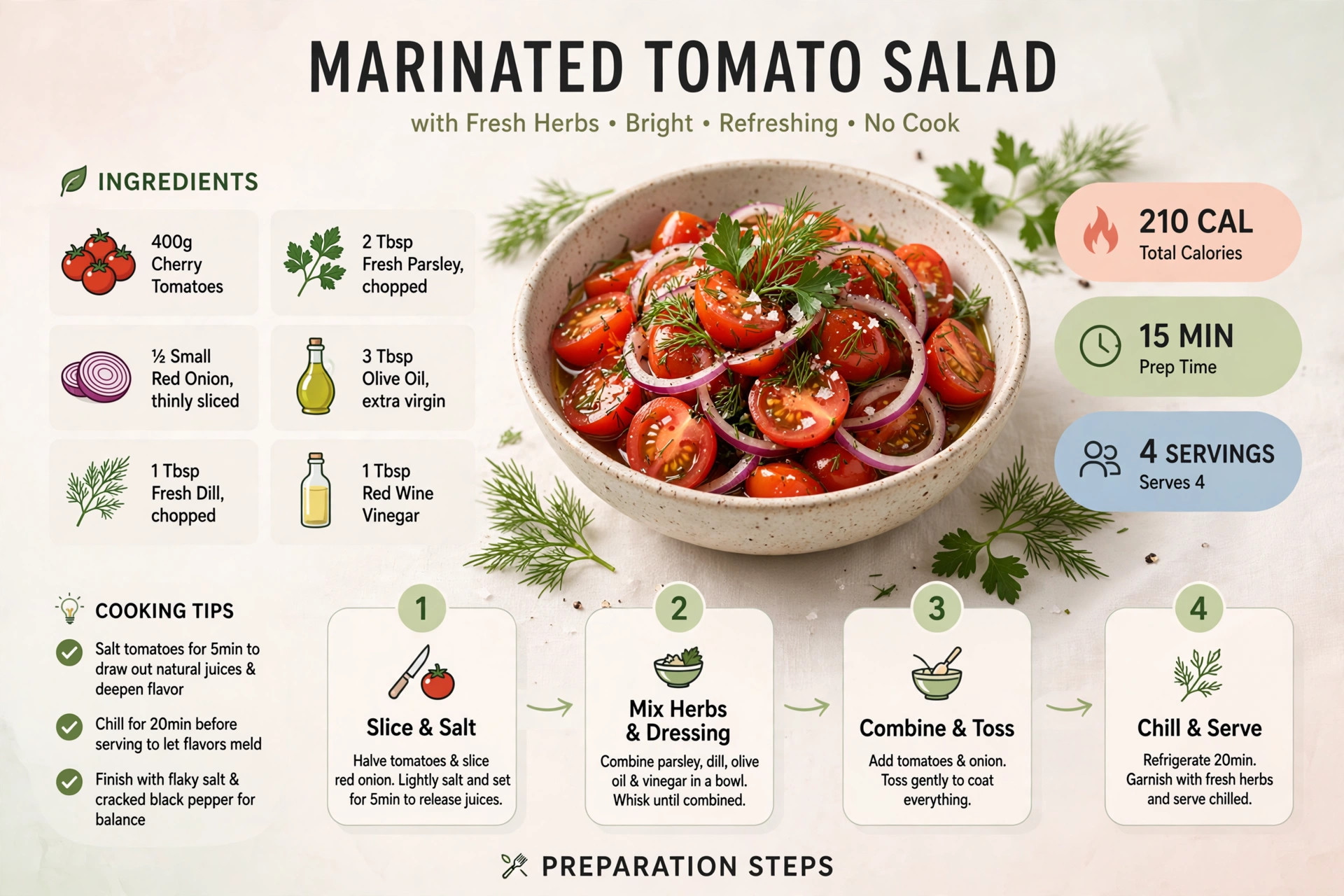Recipe infographic: Marinated Tomato Salad with Fresh Herbs — ingredients and step-by-step visual guide