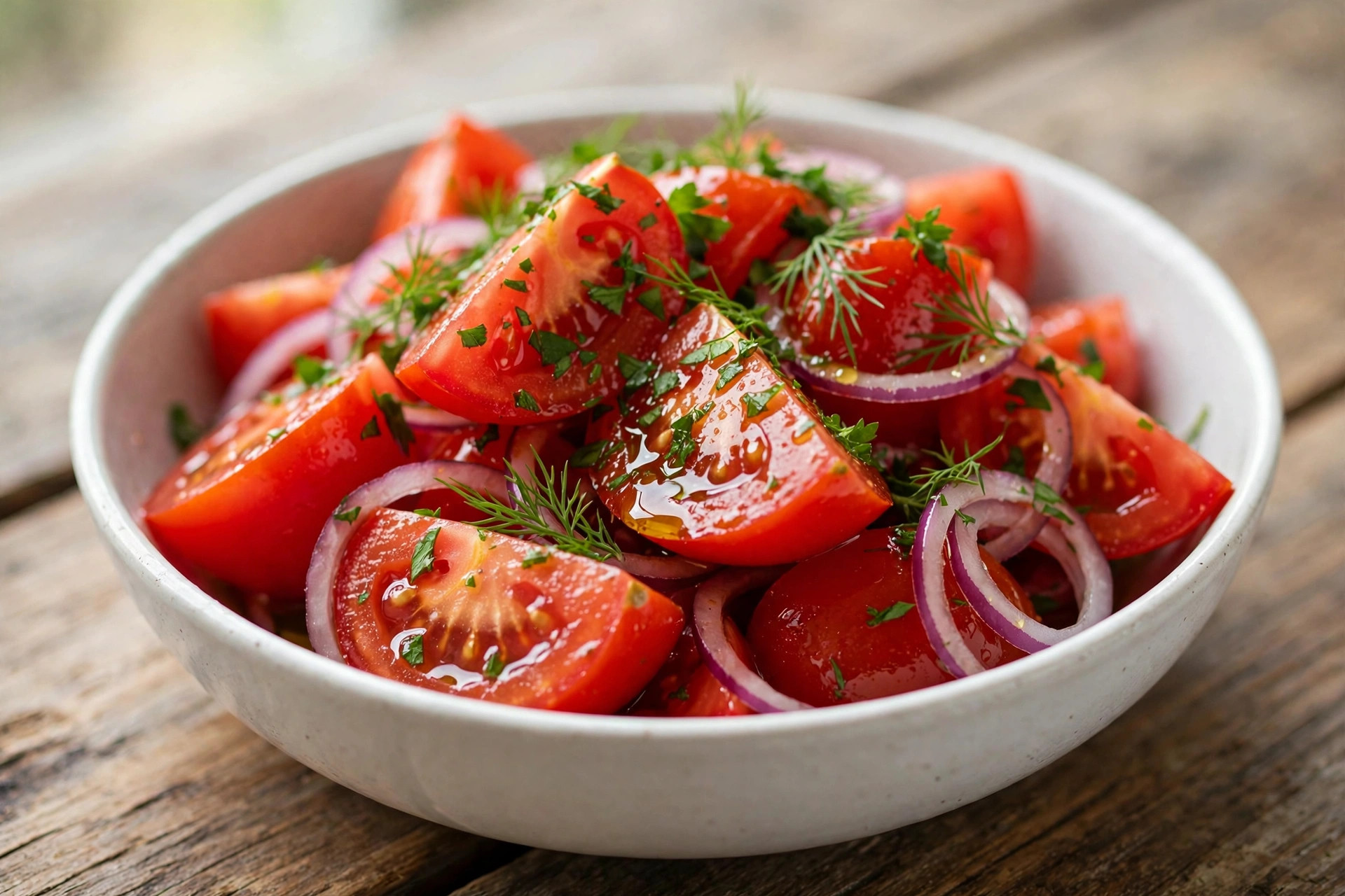 Marinated tomato salad with fresh dill, parsley, cilantro and basil in a glass serving bowl