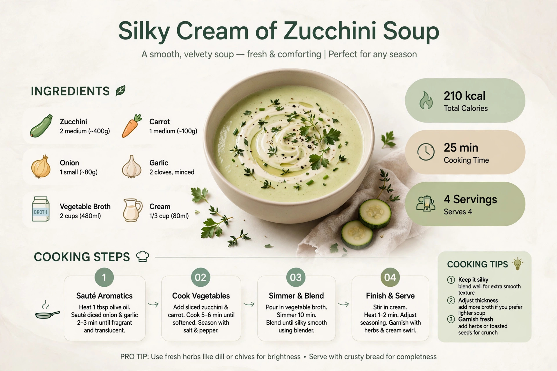 Recipe infographic: Silky Cream of Zucchini Soup — ingredients and step-by-step visual guide