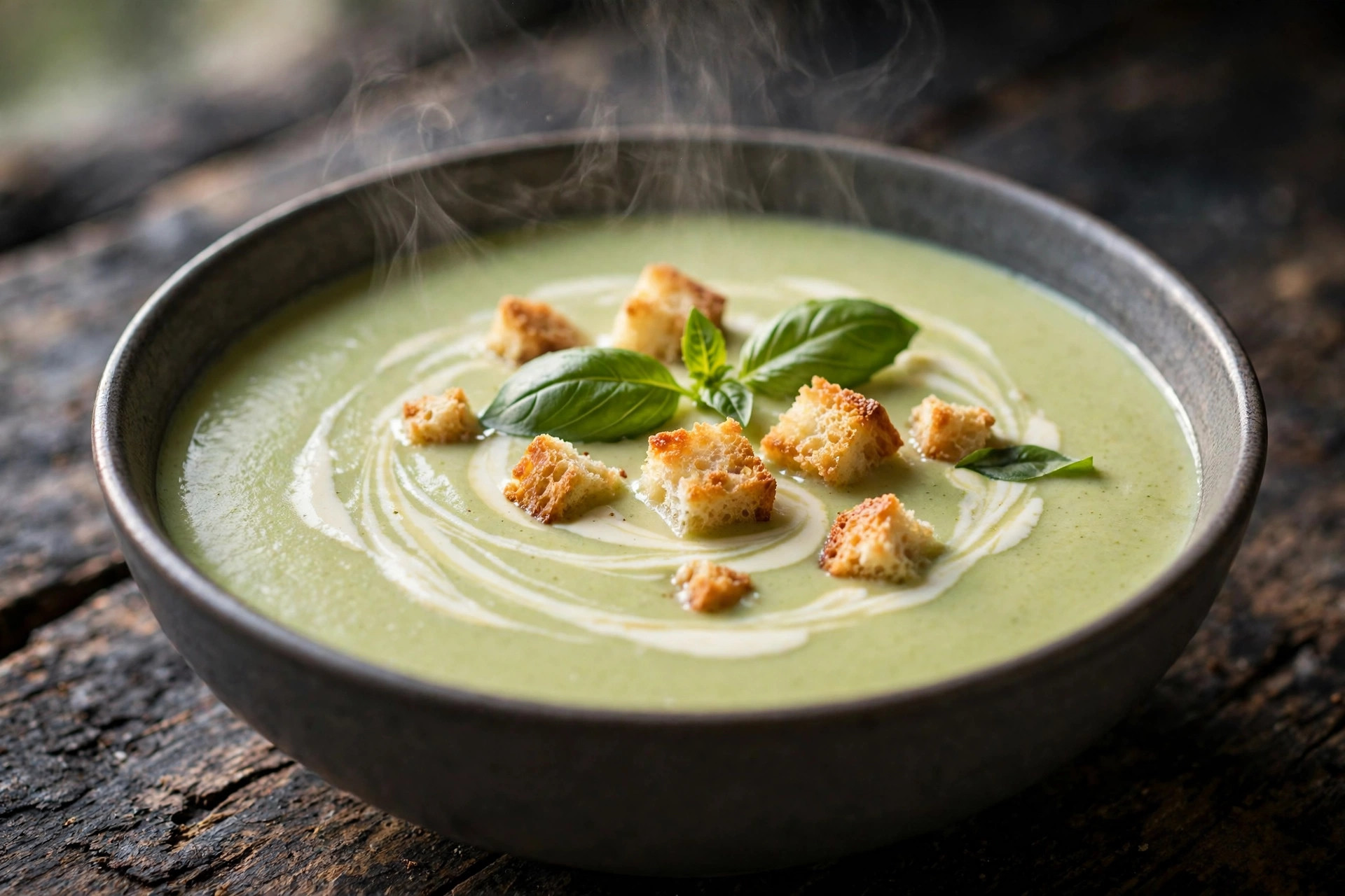 Bowl of silky cream of zucchini soup garnished with a swirl of cream and fresh herbs