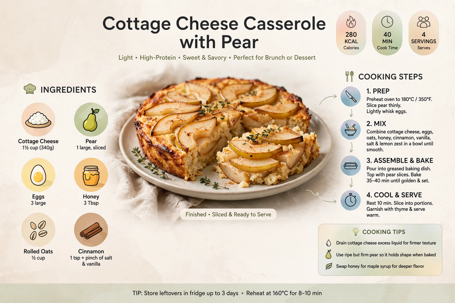 Recipe infographic: Cottage Cheese Casserole with Pear — ingredients and step-by-step visual guide