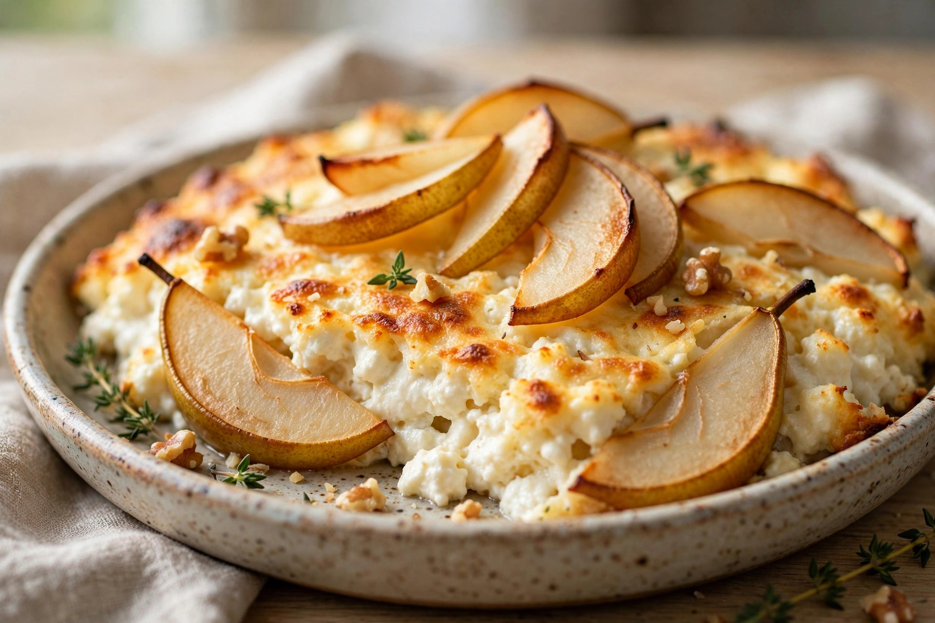 Sliced cottage cheese casserole with pear showing a golden top and creamy texture