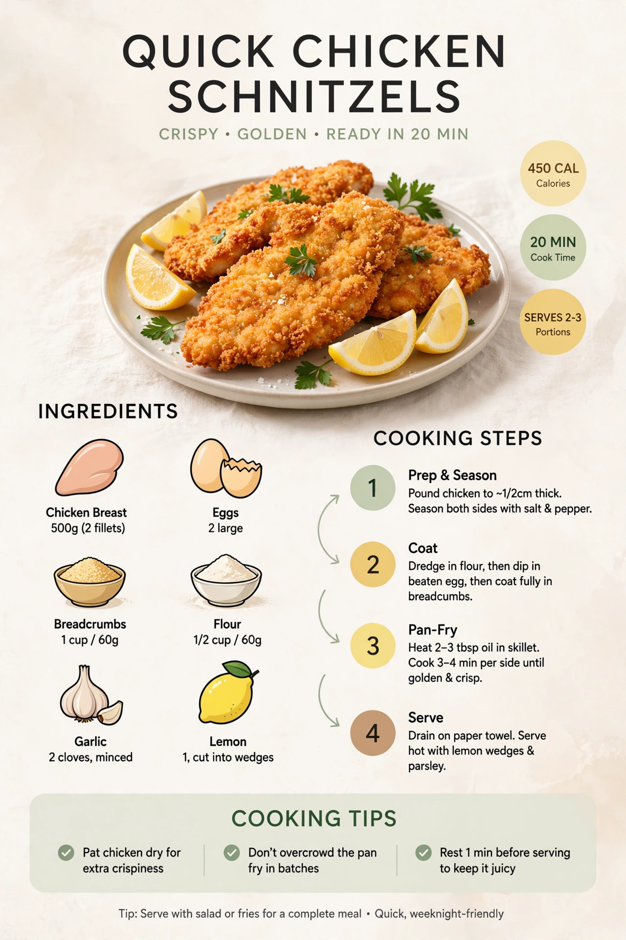 Recipe infographic: Quick Chicken Schnitzels in 20 Minutes — ingredients and step-by-step visual guide