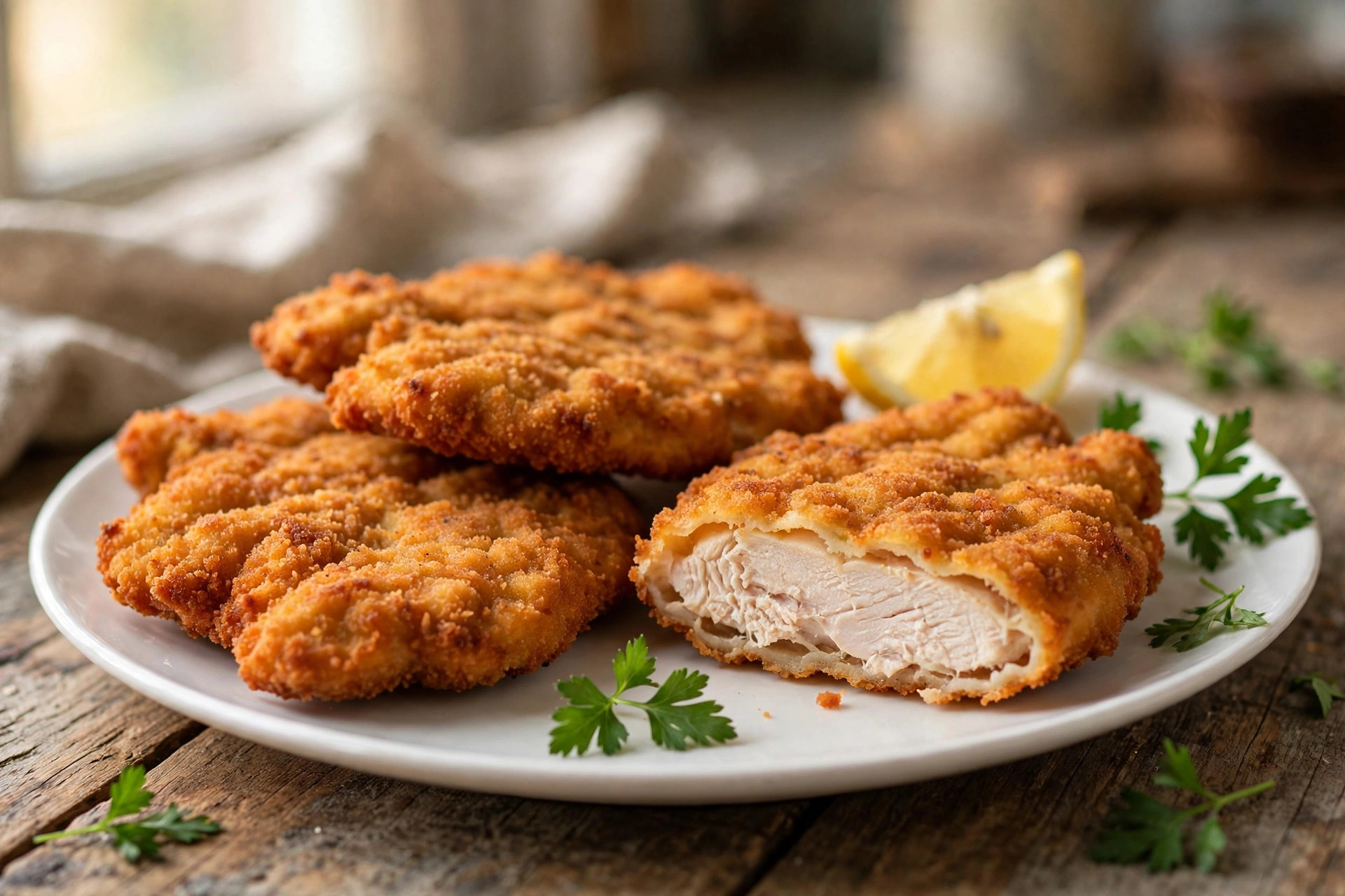 Golden crispy chicken schnitzels stacked on a plate, ready to serve