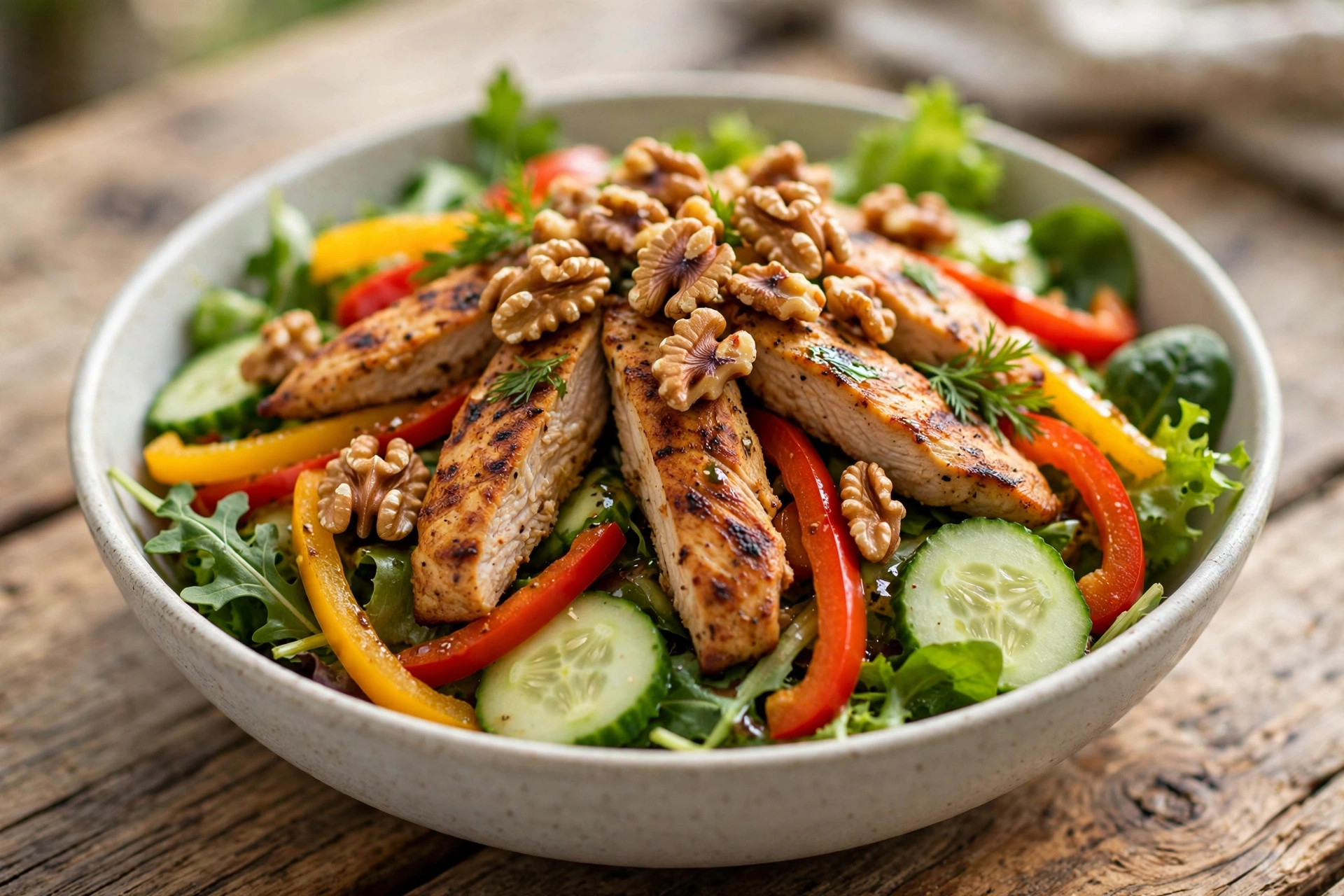 Perfect chicken and veggie salad with walnuts served in a bowl