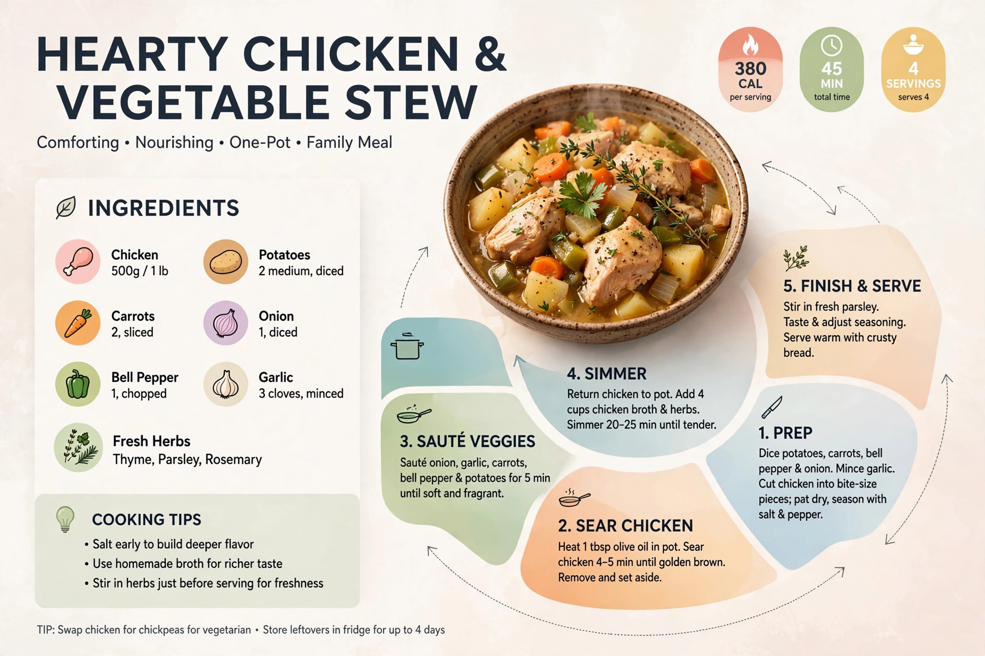Recipe infographic: Hearty Chicken and Vegetable Stew — ingredients and step-by-step visual guide