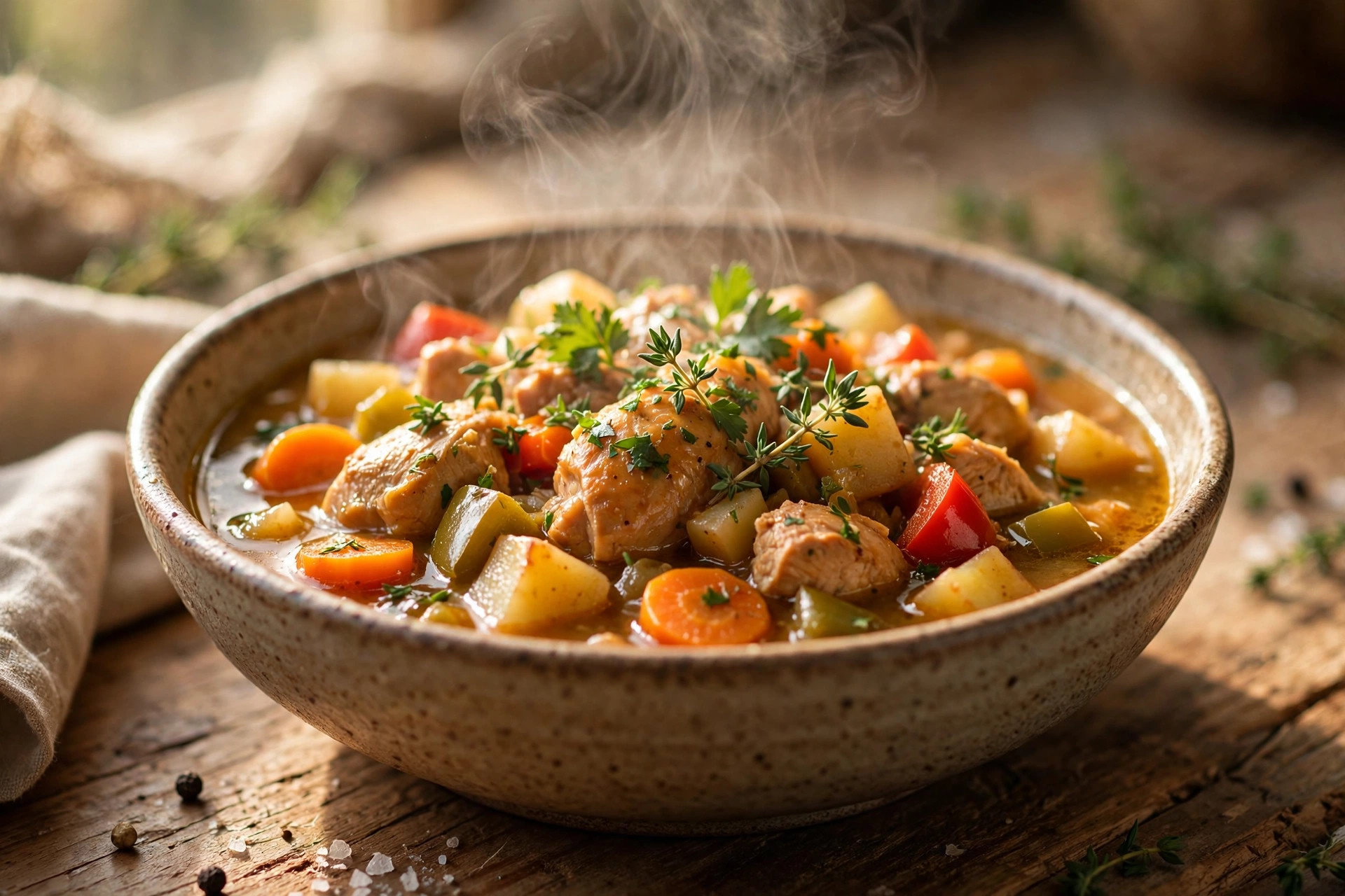 A steaming bowl of hearty chicken and vegetable stew with potatoes, carrots and cherry tomatoes