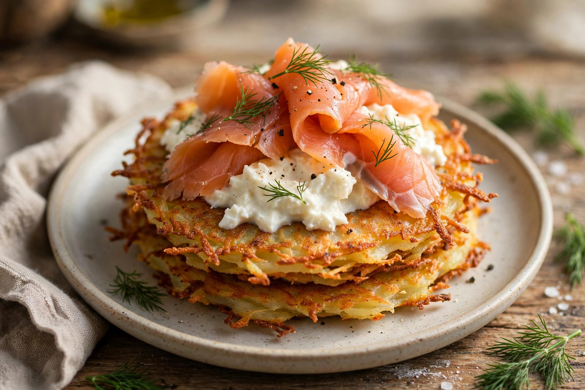 Close-up of crispy draniki potato pancakes topped with smoked salmon and stracciatella, served on a plate