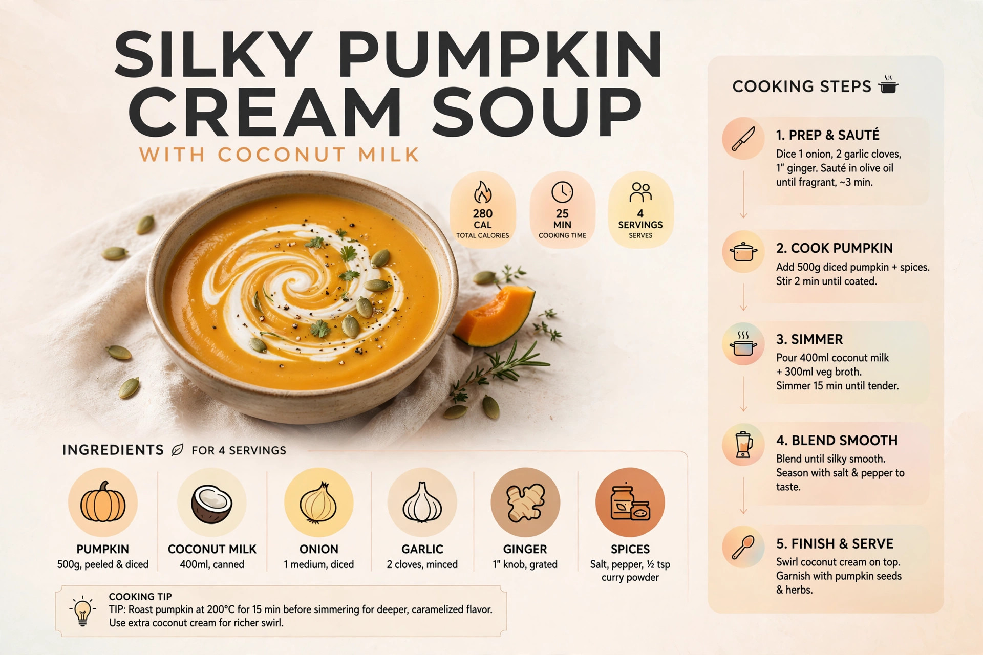 Recipe infographic: Silky Pumpkin Cream Soup with Coconut Milk — ingredients and step-by-step visual guide