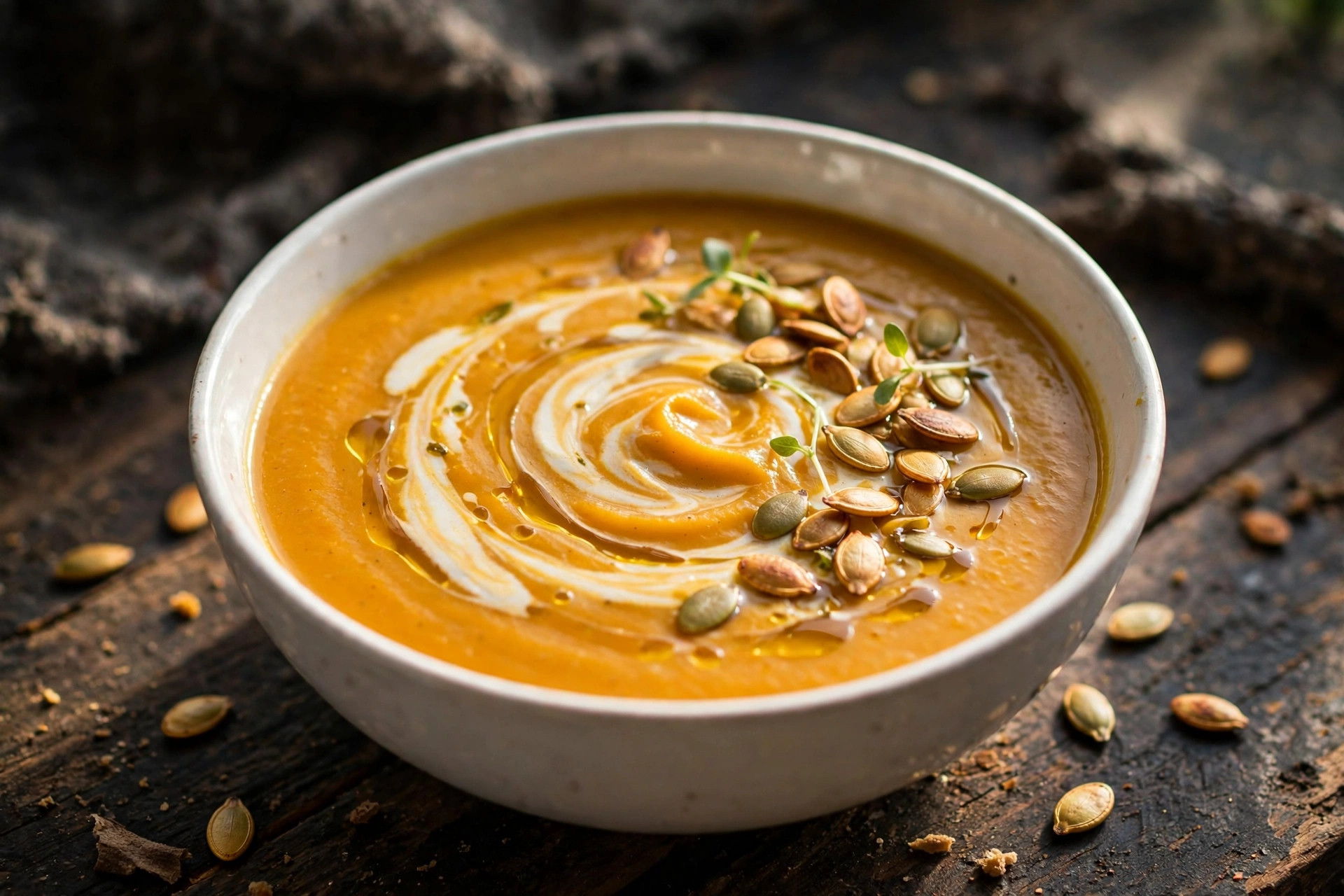 Close-up of silky pumpkin cream soup with coconut milk served in a bowl