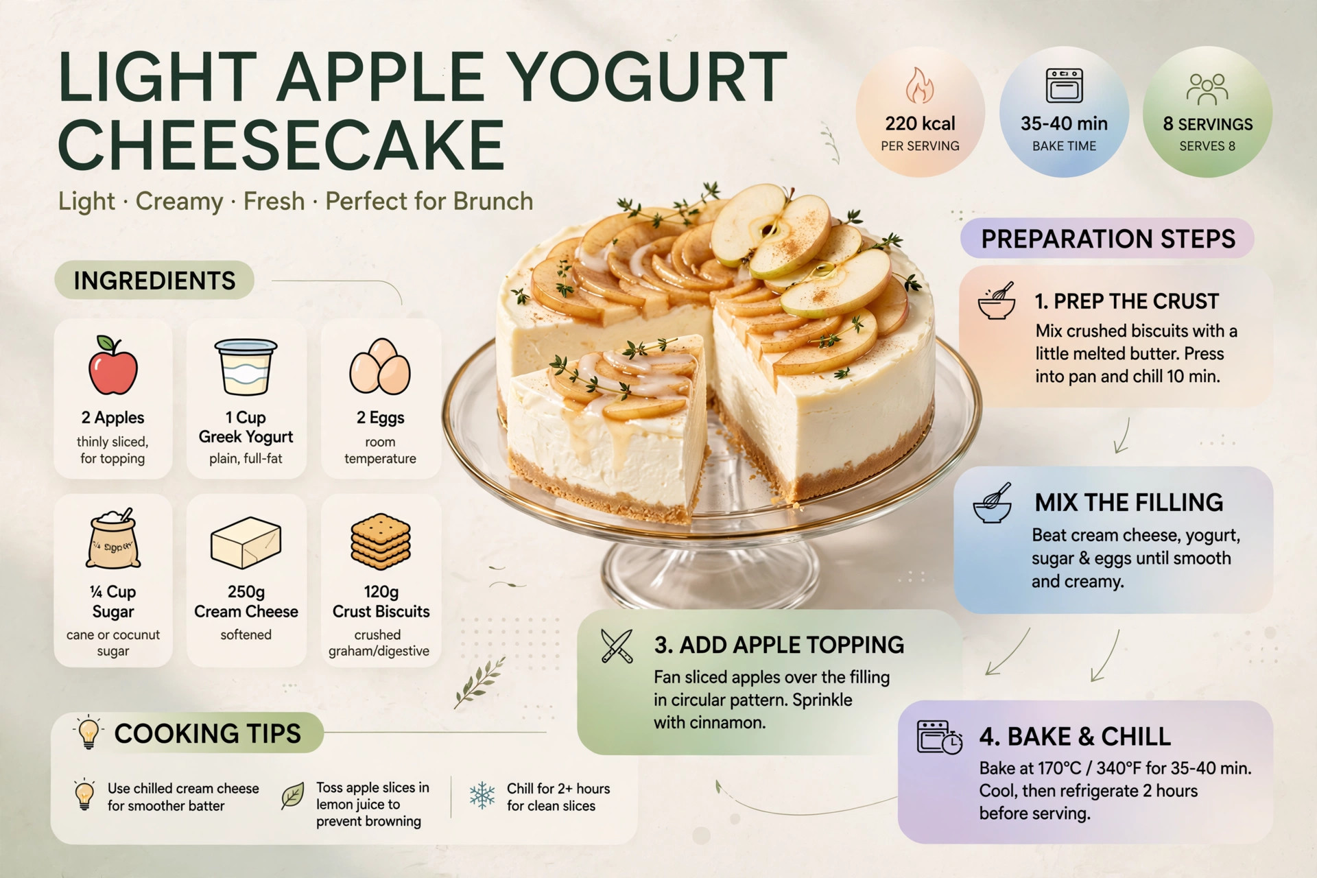 Recipe infographic: Light Apple Yogurt Cheesecake — ingredients and step-by-step visual guide