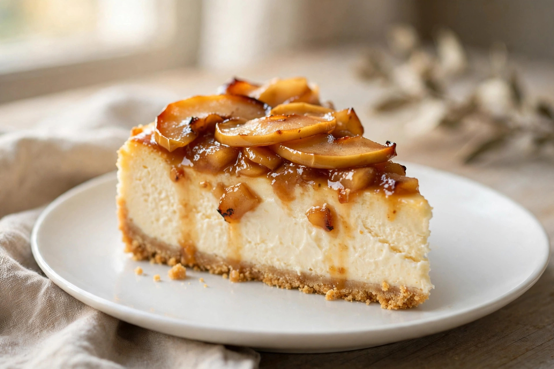 Close-up of light apple yogurt cheesecake served on a plate