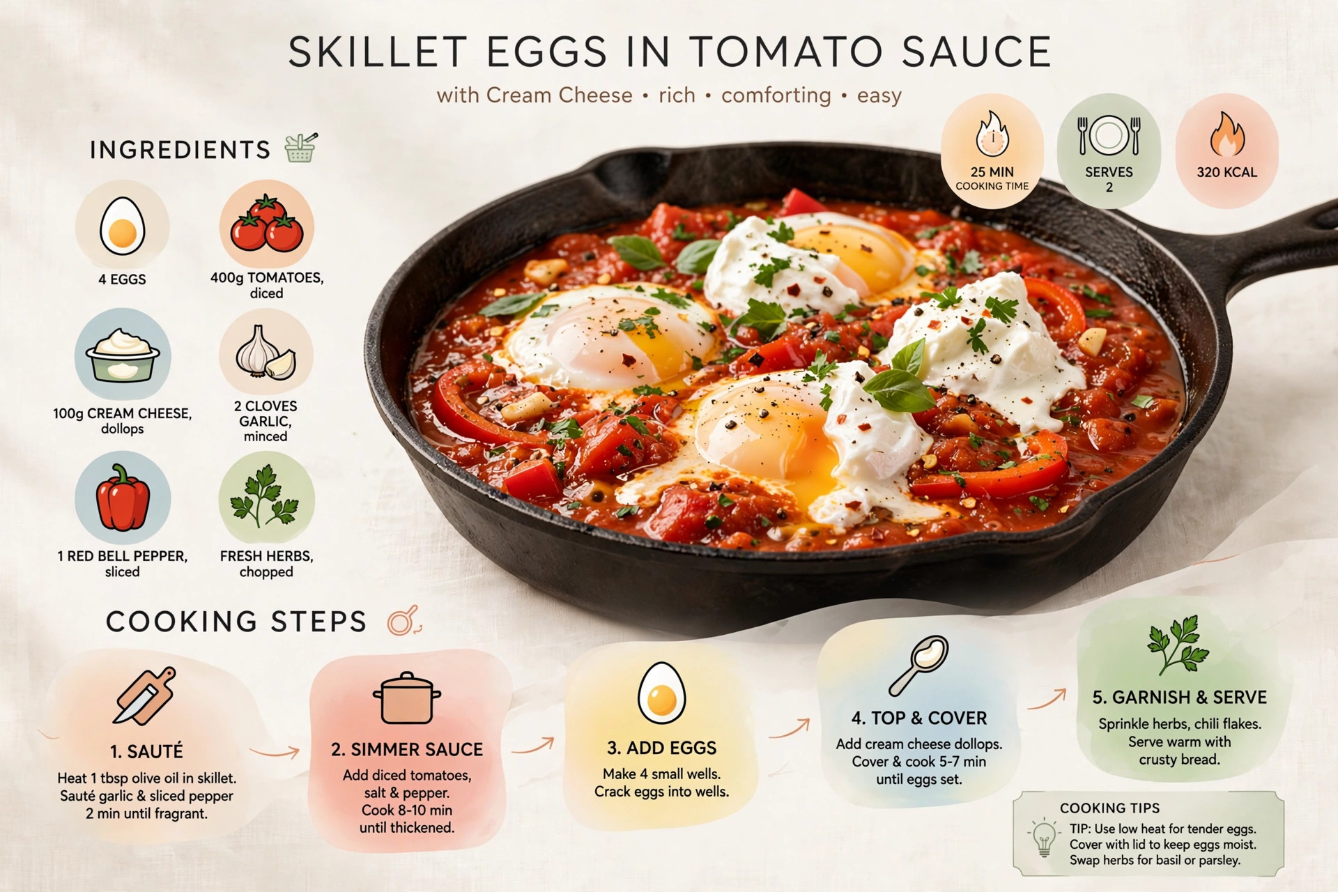 Recipe infographic: Skillet Eggs in Tomato Sauce with Cream Cheese — ingredients and step-by-step visual guide