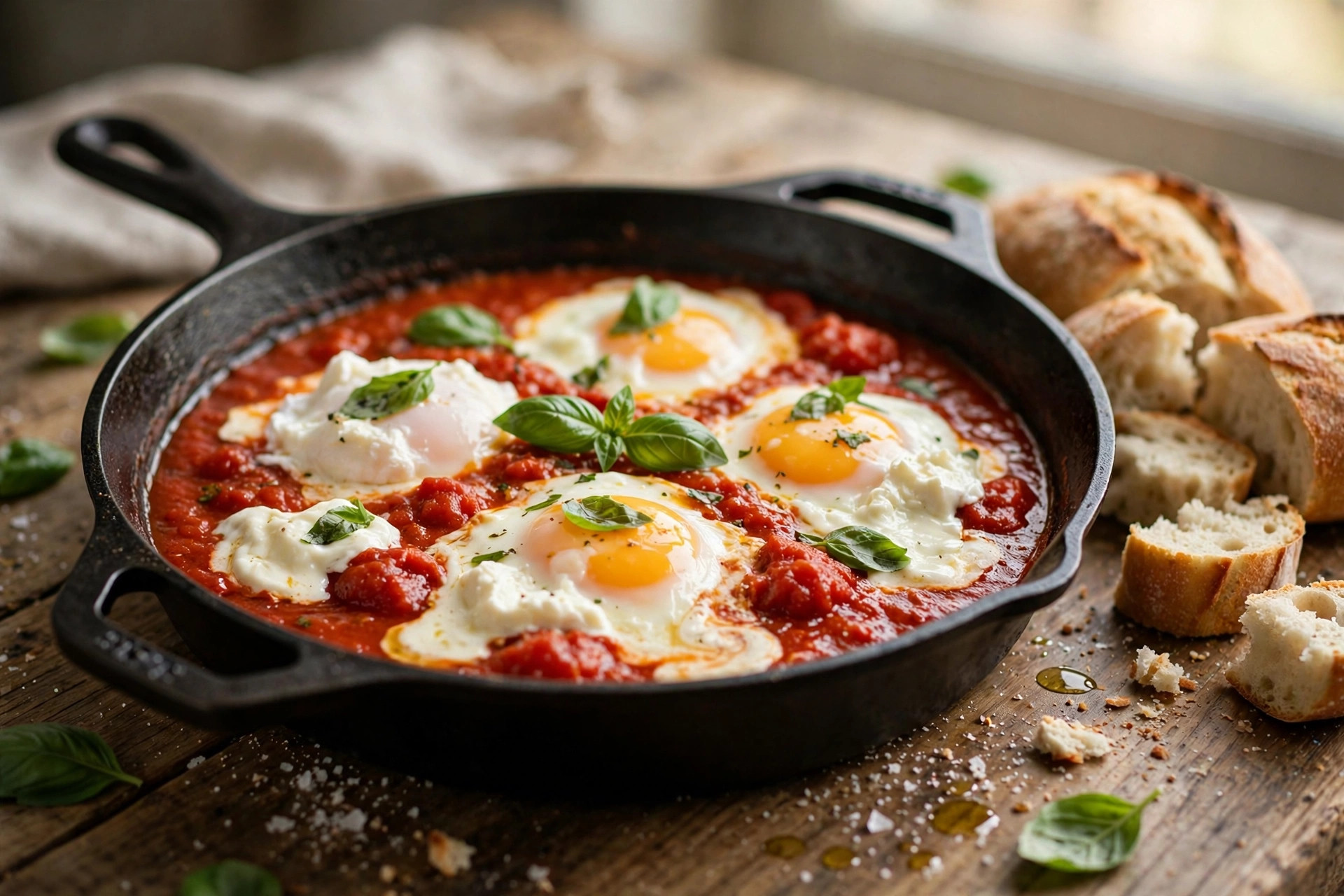 Close-up of skillet eggs in tomato sauce with cream cheese, served in the pan