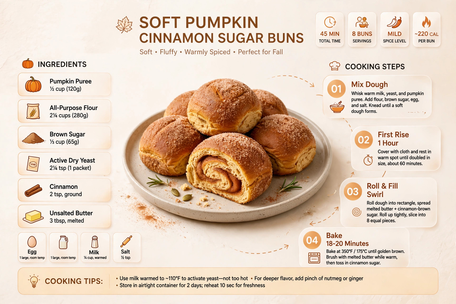 Recipe infographic: Soft Pumpkin Cinnamon Sugar Buns — ingredients and step-by-step visual guide