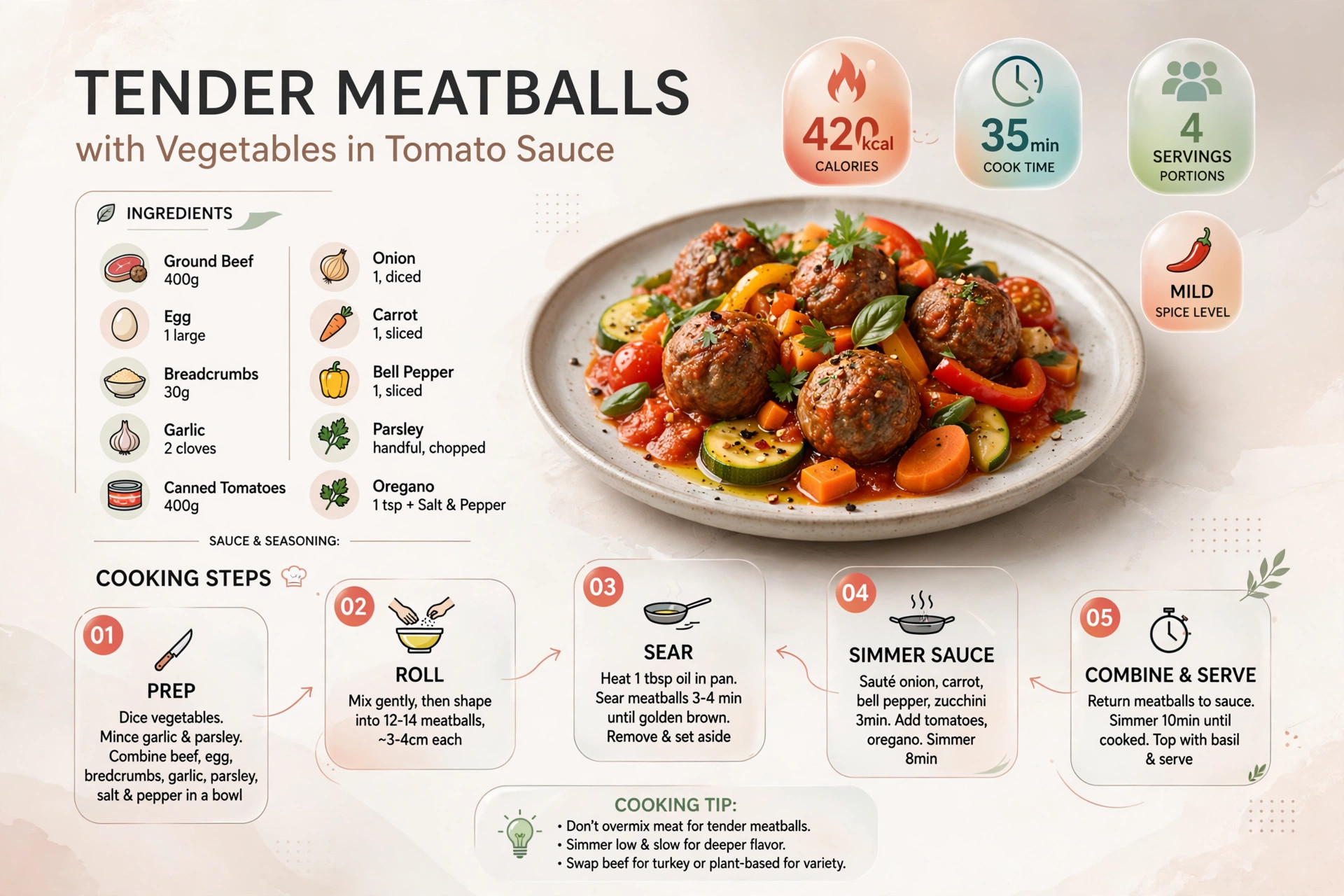 Recipe infographic: Tender Meatballs with Vegetables in Tomato Sauce — ingredients and step-by-step visual guide