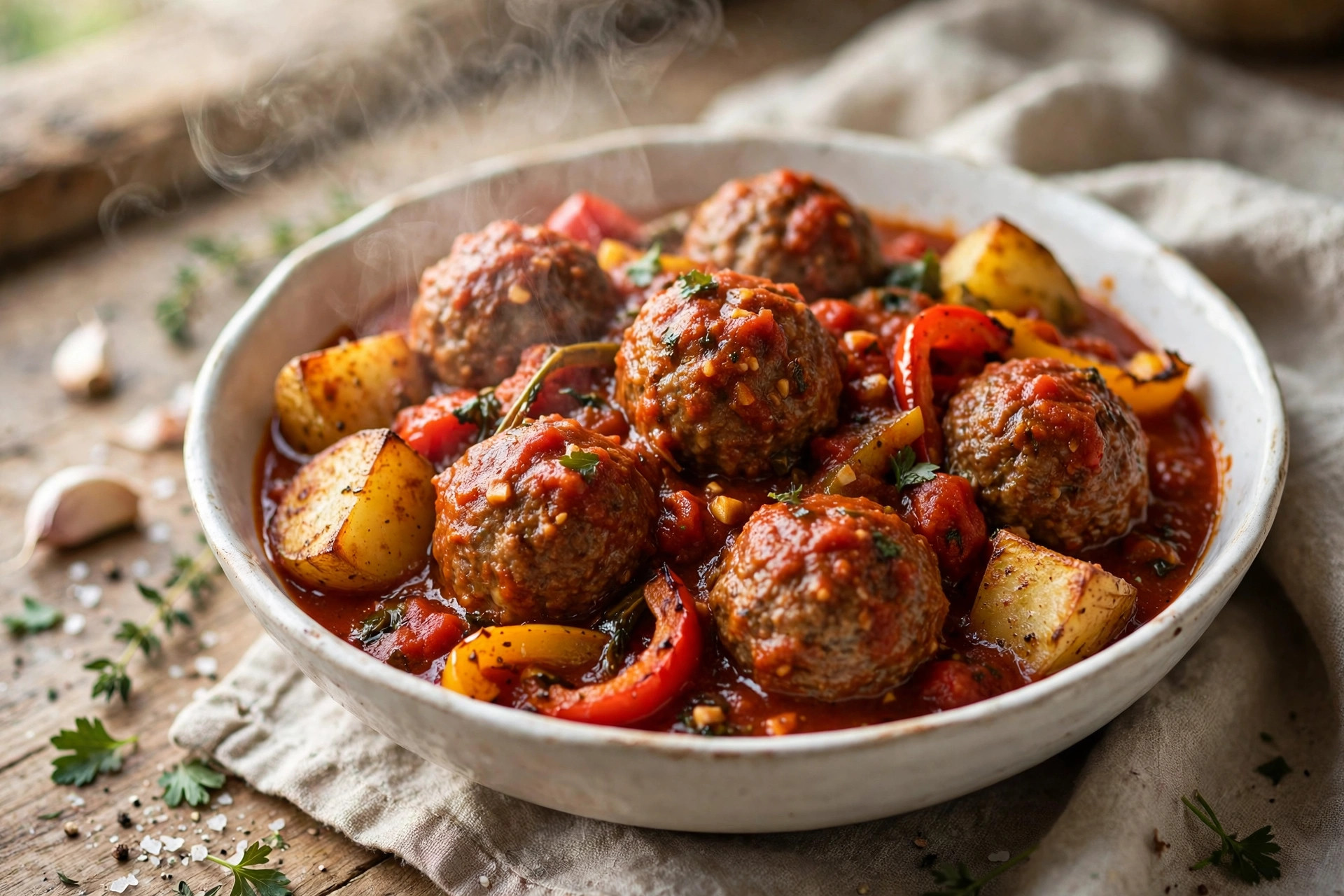 Tender meatballs with colorful vegetables simmering in tomato sauce in a pot