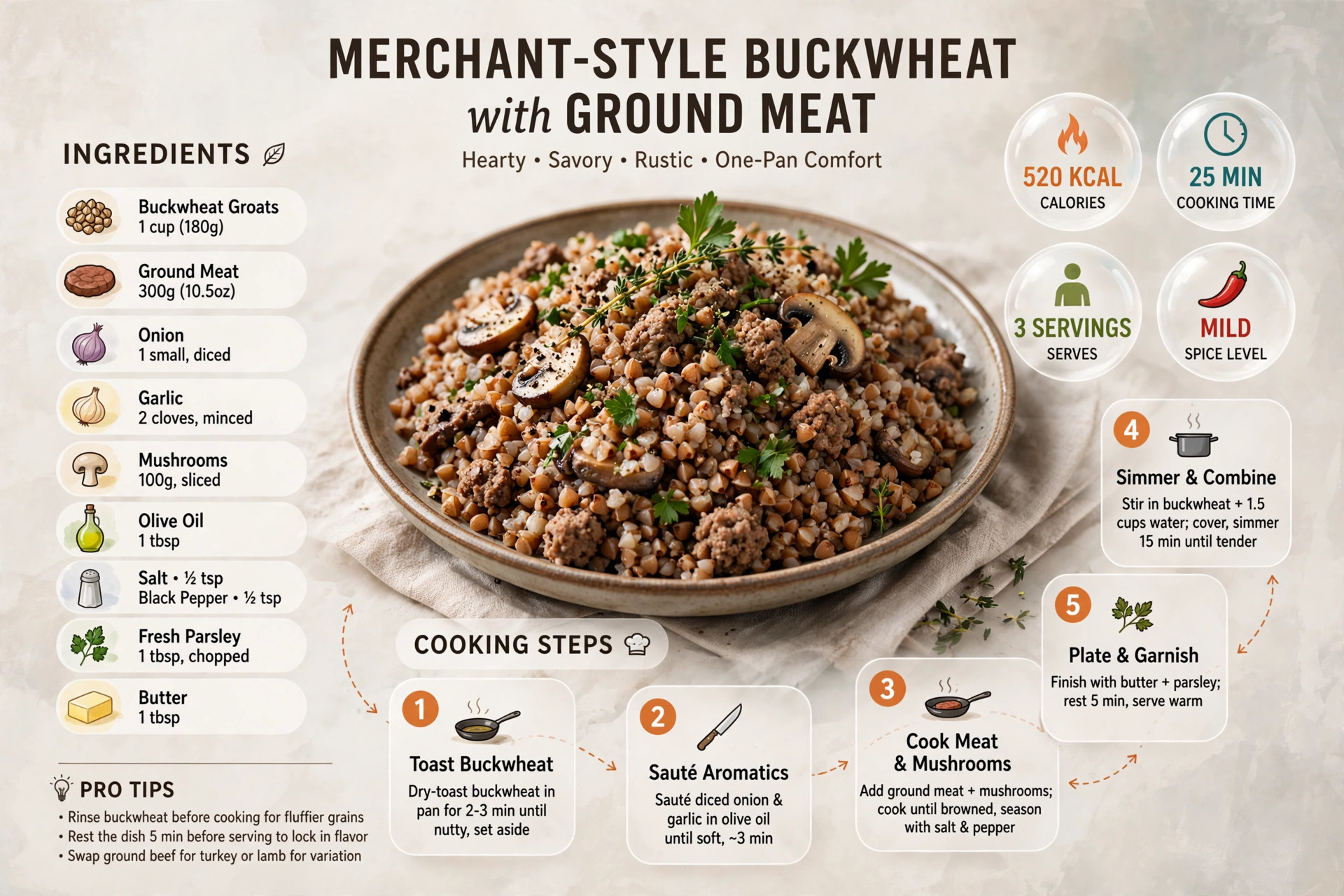 Recipe infographic: Merchant-Style Buckwheat with Ground Meat — ingredients and step-by-step visual guide