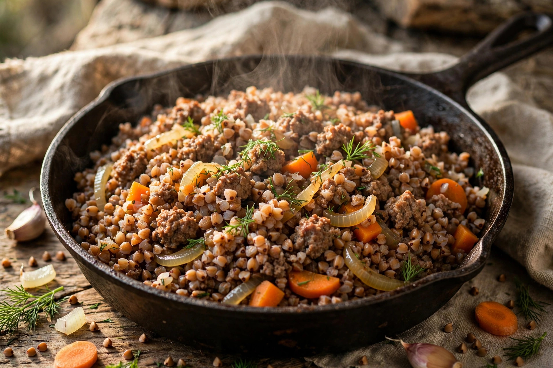 Merchant-style buckwheat with ground meat and vegetables served in a skillet