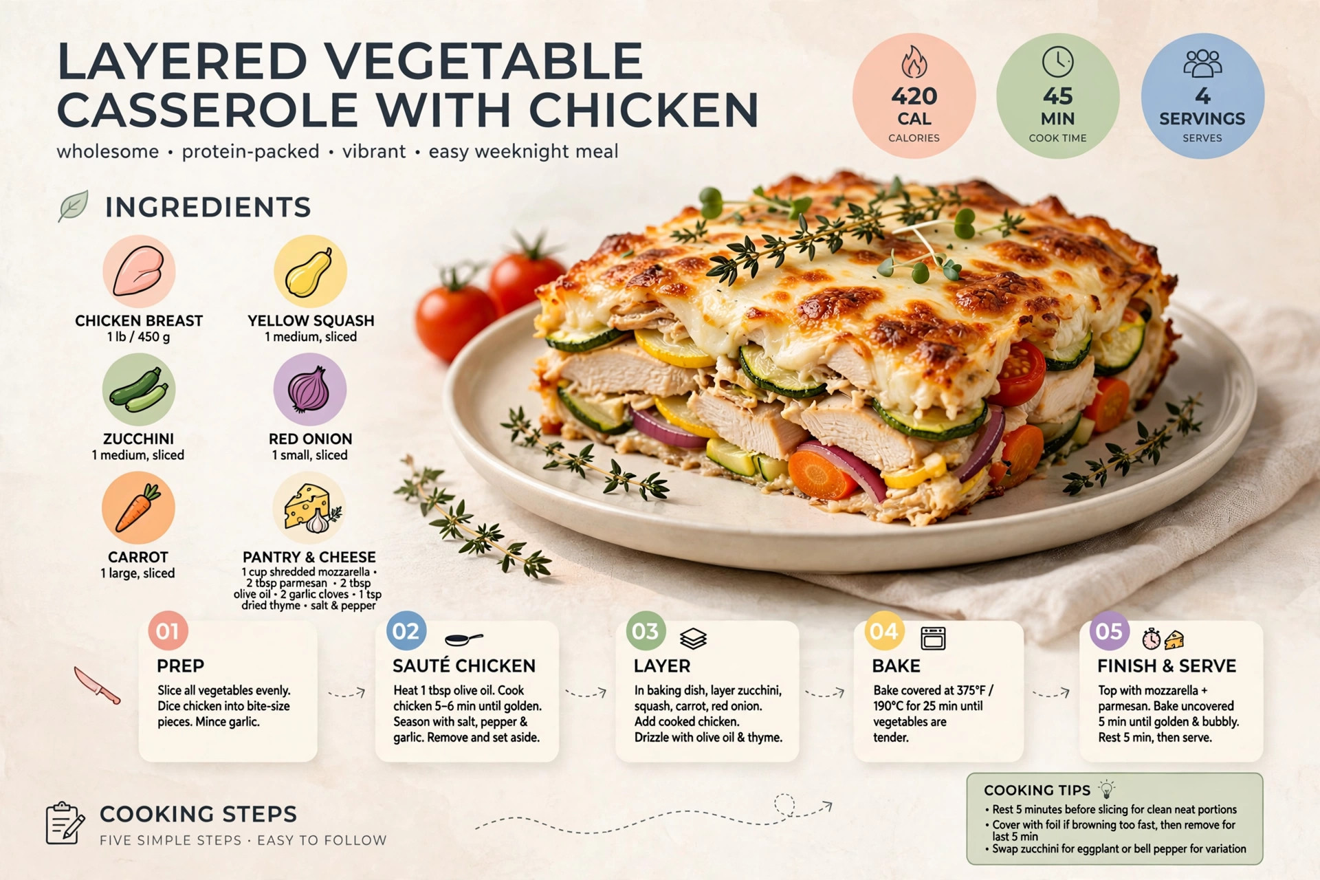 Recipe infographic: Layered Vegetable Casserole with Chicken — ingredients and step-by-step visual guide