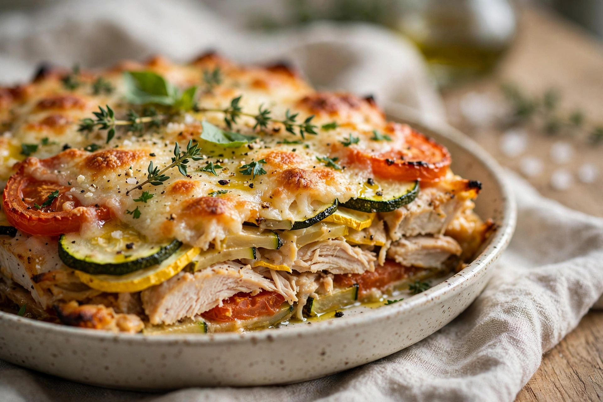 Slice of layered vegetable casserole with chicken, potatoes and melted cheese