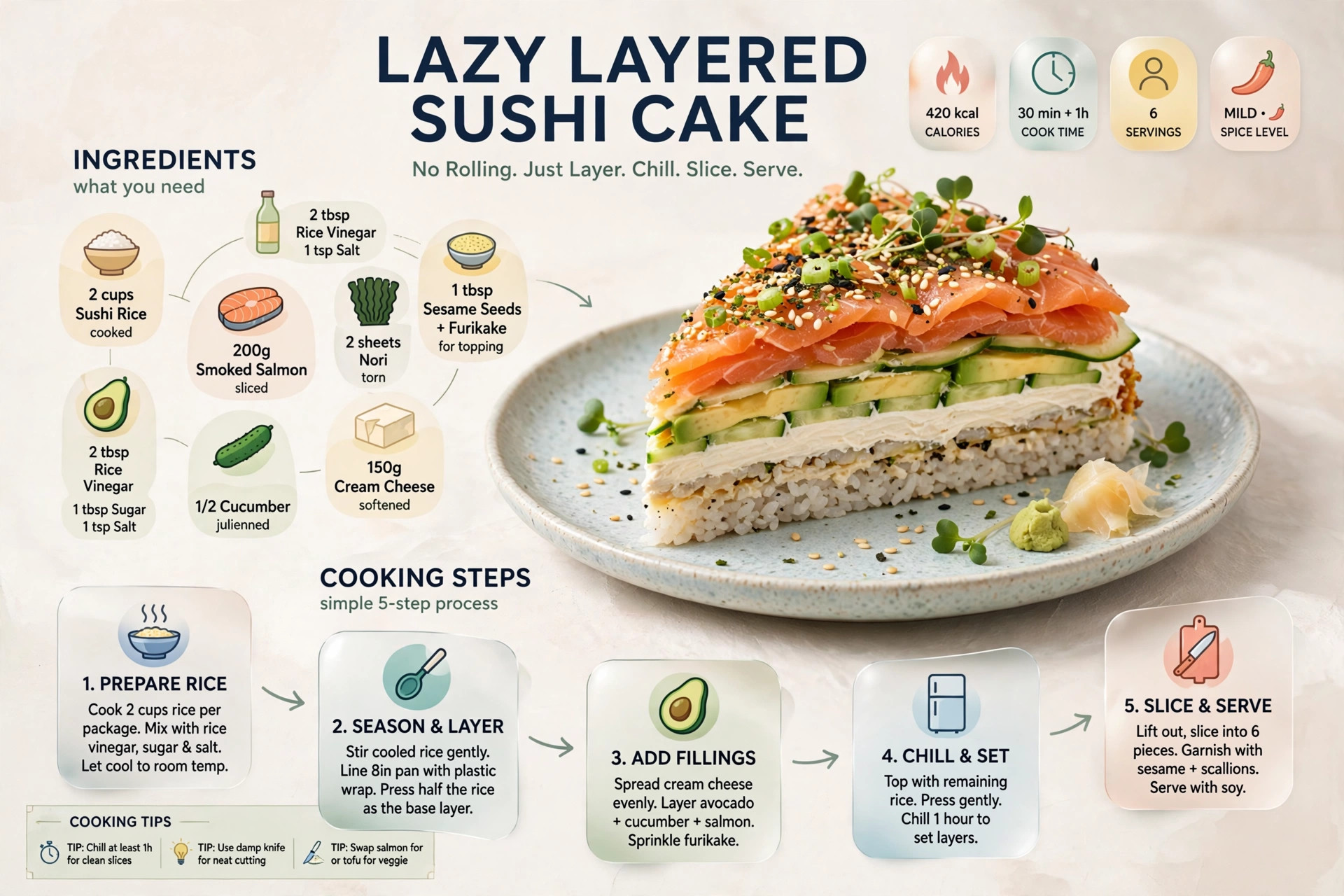 Recipe infographic: Lazy Layered Sushi Cake — ingredients and step-by-step visual guide