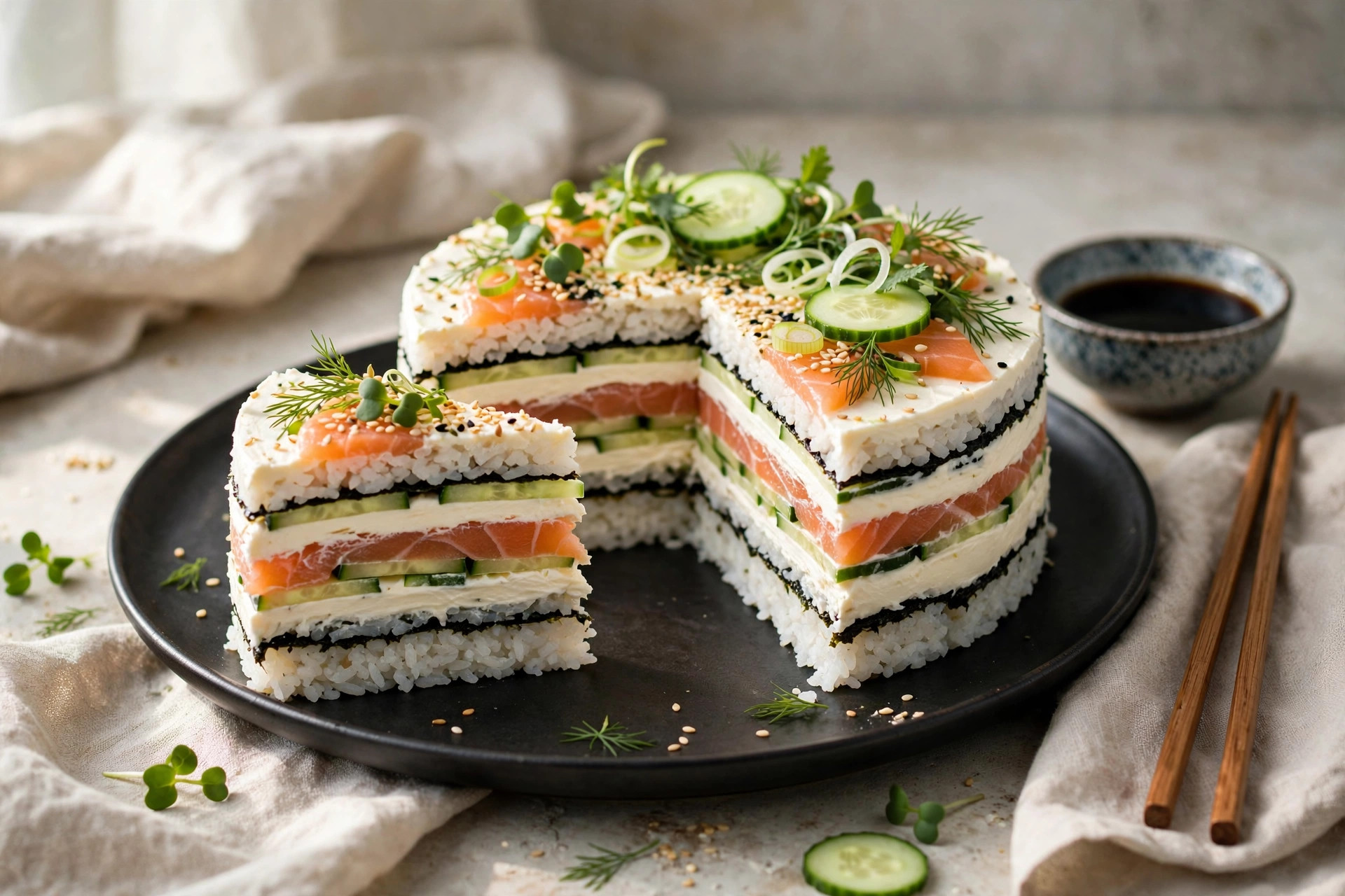 Layered sushi cake with salmon, rice, cucumber and cream cheese, sliced into portions